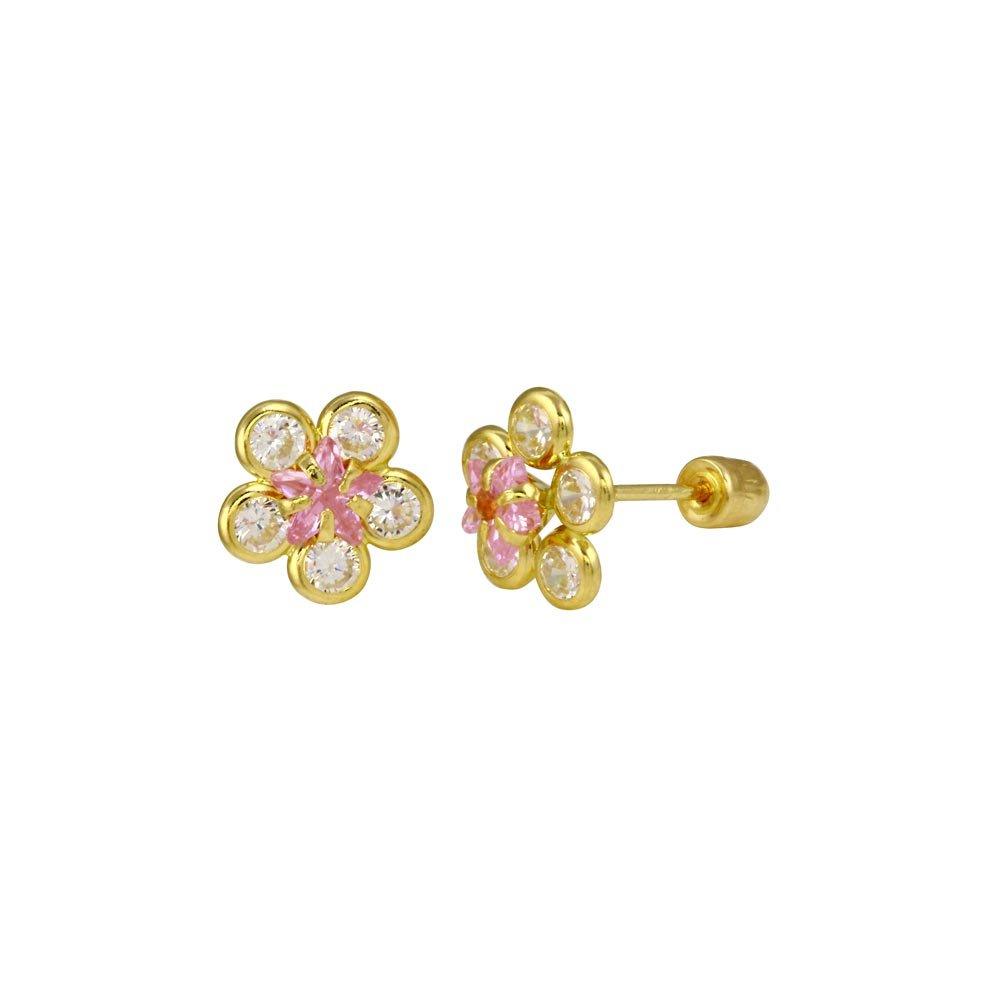 14E00070. - 14 Karat Yellow Gold Sunflower Clear and Pink CZ Screw Back Stud Earring