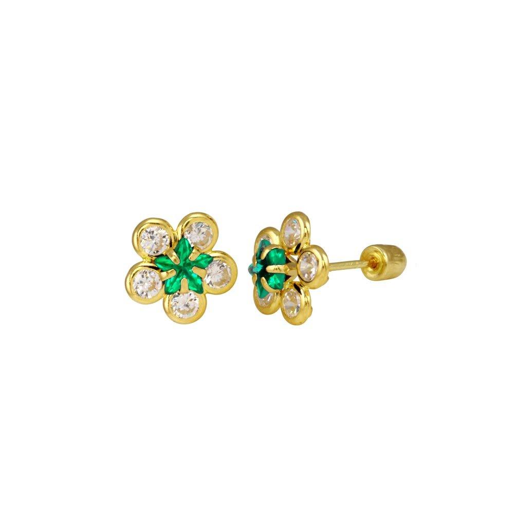 14E00071. - 14 Karat Yellow Gold Sunflower Clear and Green CZ Screw Back Stud Earring