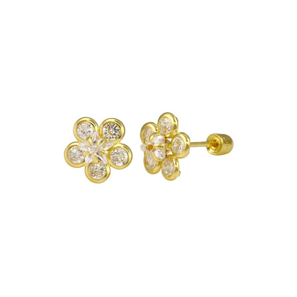 14E00072. - 14 Karat Yellow Gold Sunflower Clear CZ Screw Back Stud Earring.