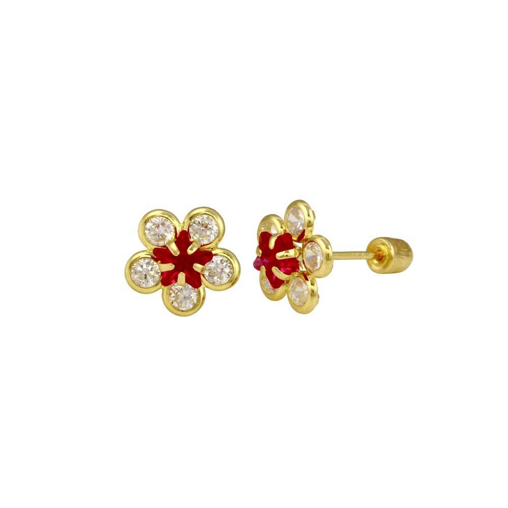 14E00073. - 14 Karat Yellow Gold Sunflower Clear and Red CZ Screw Back Stud Earring