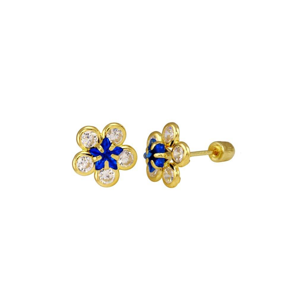 14E00074. - 14 Karat Yellow Gold Sunflower Clear and Blue CZ Screw Back Stud Earring