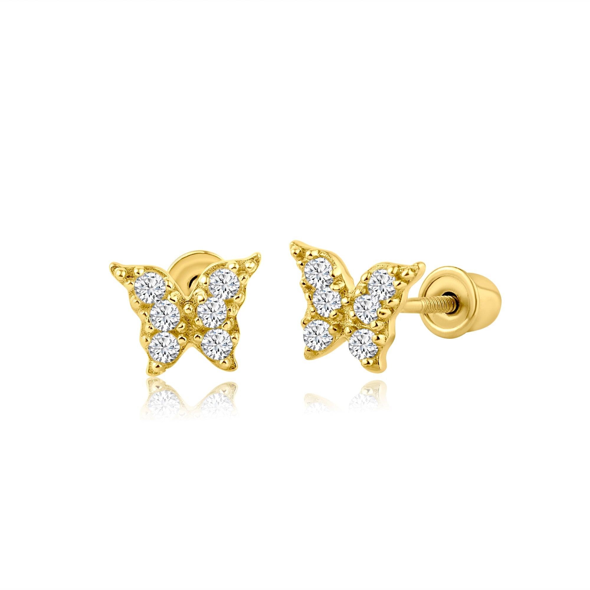 14E00077. - 14 Karat Yellow Gold Butterfly CZ Screw Back Earring