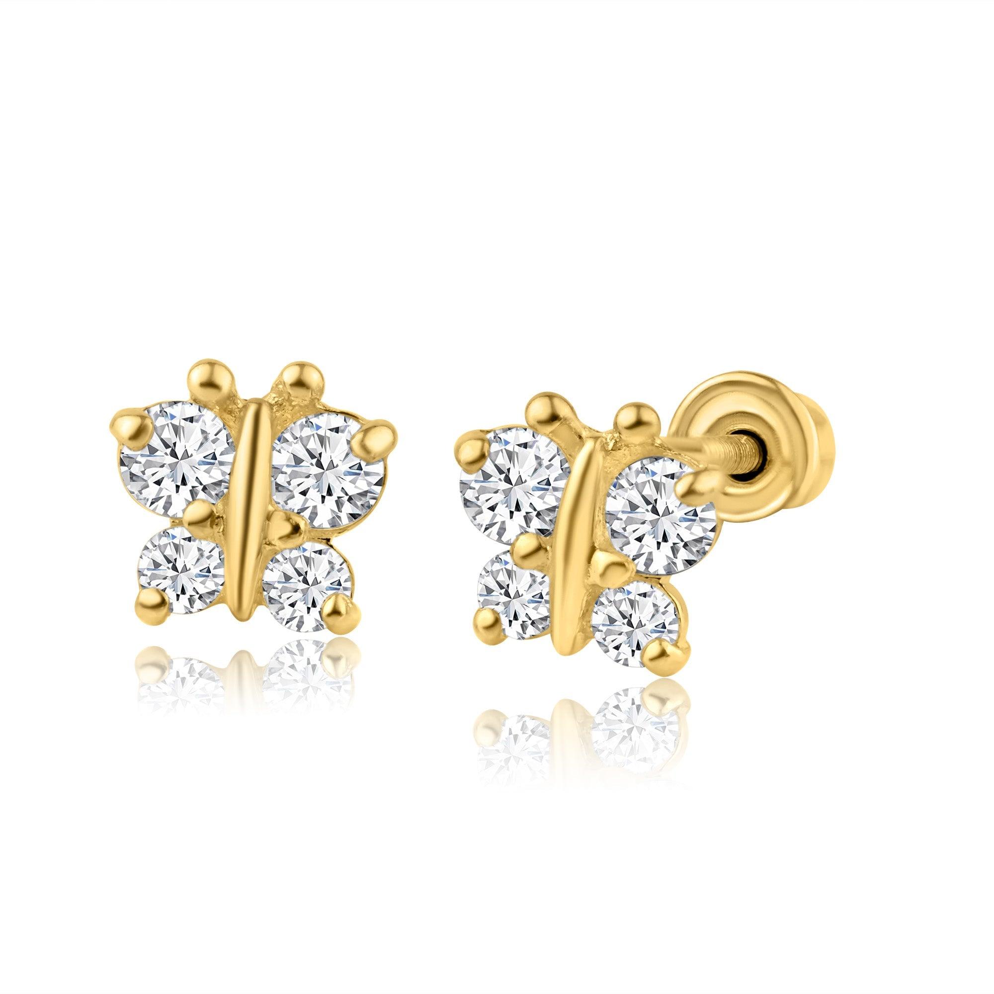 14E00078. - 14 Karat Yellow Gold Butterfly CZ Screw Back Earring