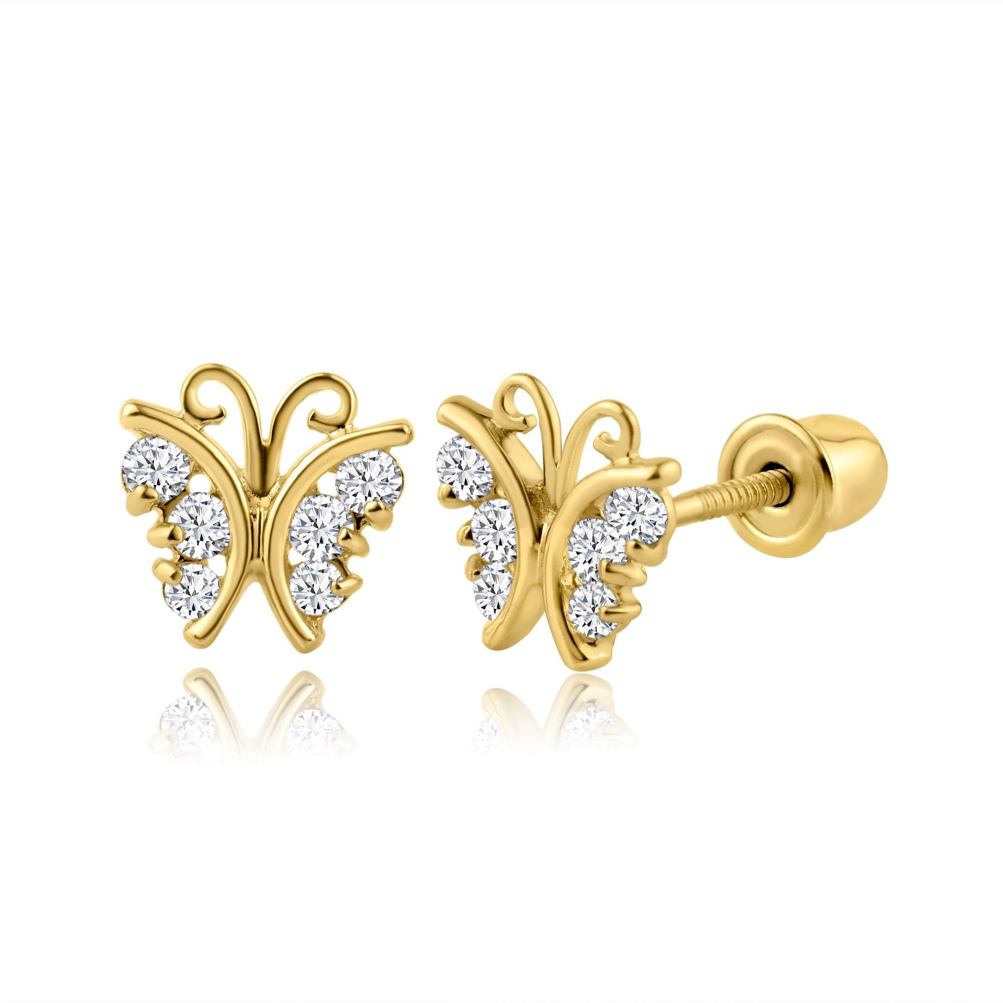 14E00079. - 14 Karat Yellow Gold Butterfly CZ Screw Back Earring