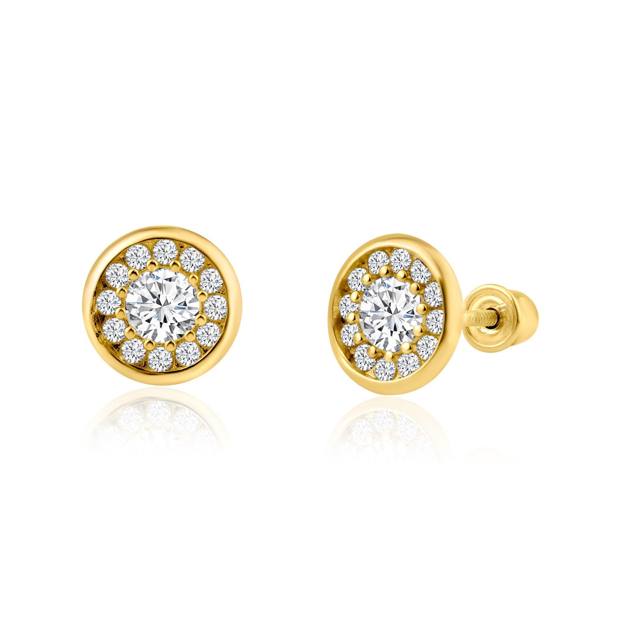 14E00082. - 14 Karat Yellow Gold Round Clear CZ Stud Screw Back Earring