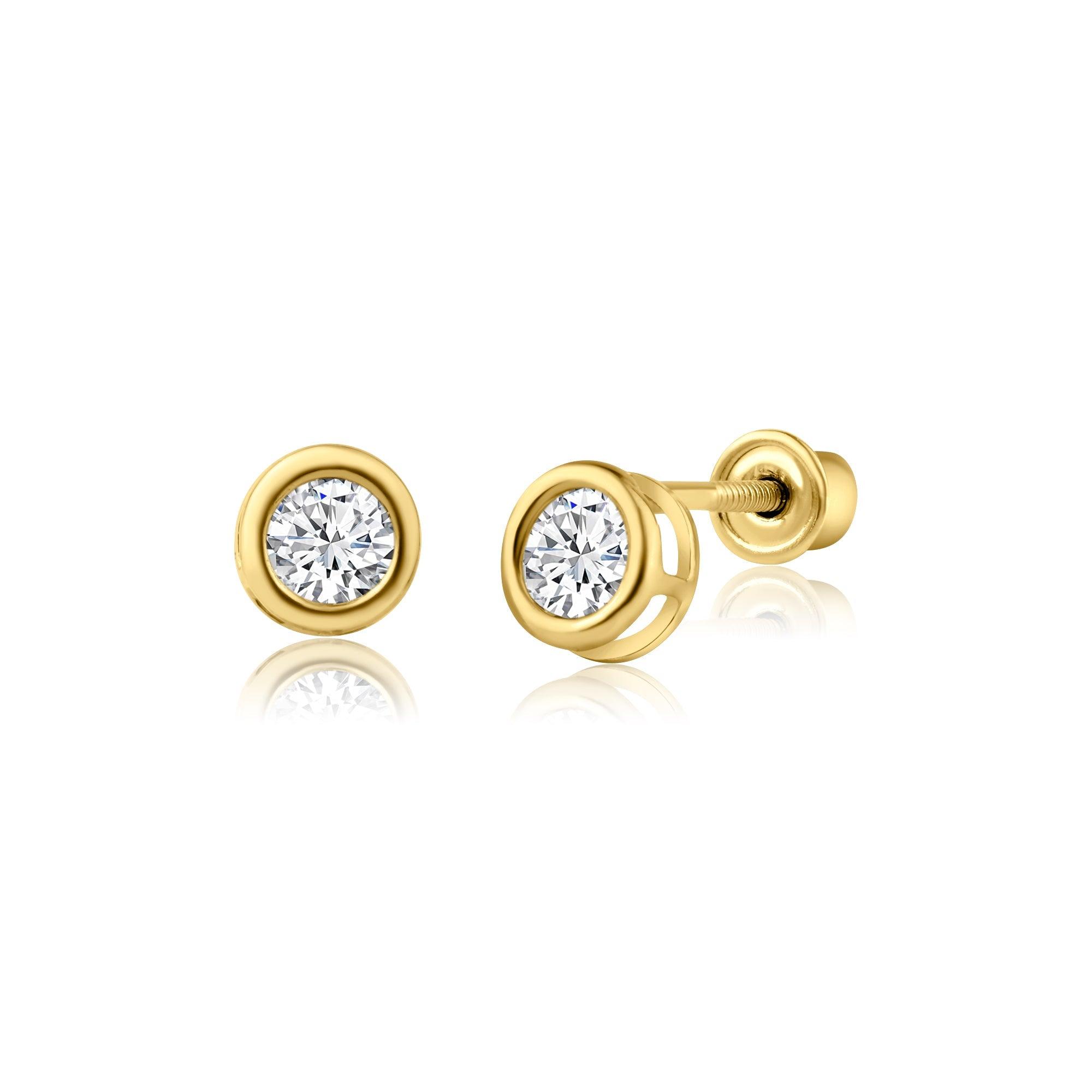 14E00083. - 14 Karat Yellow Gold Round Bezel Screw Back Earring