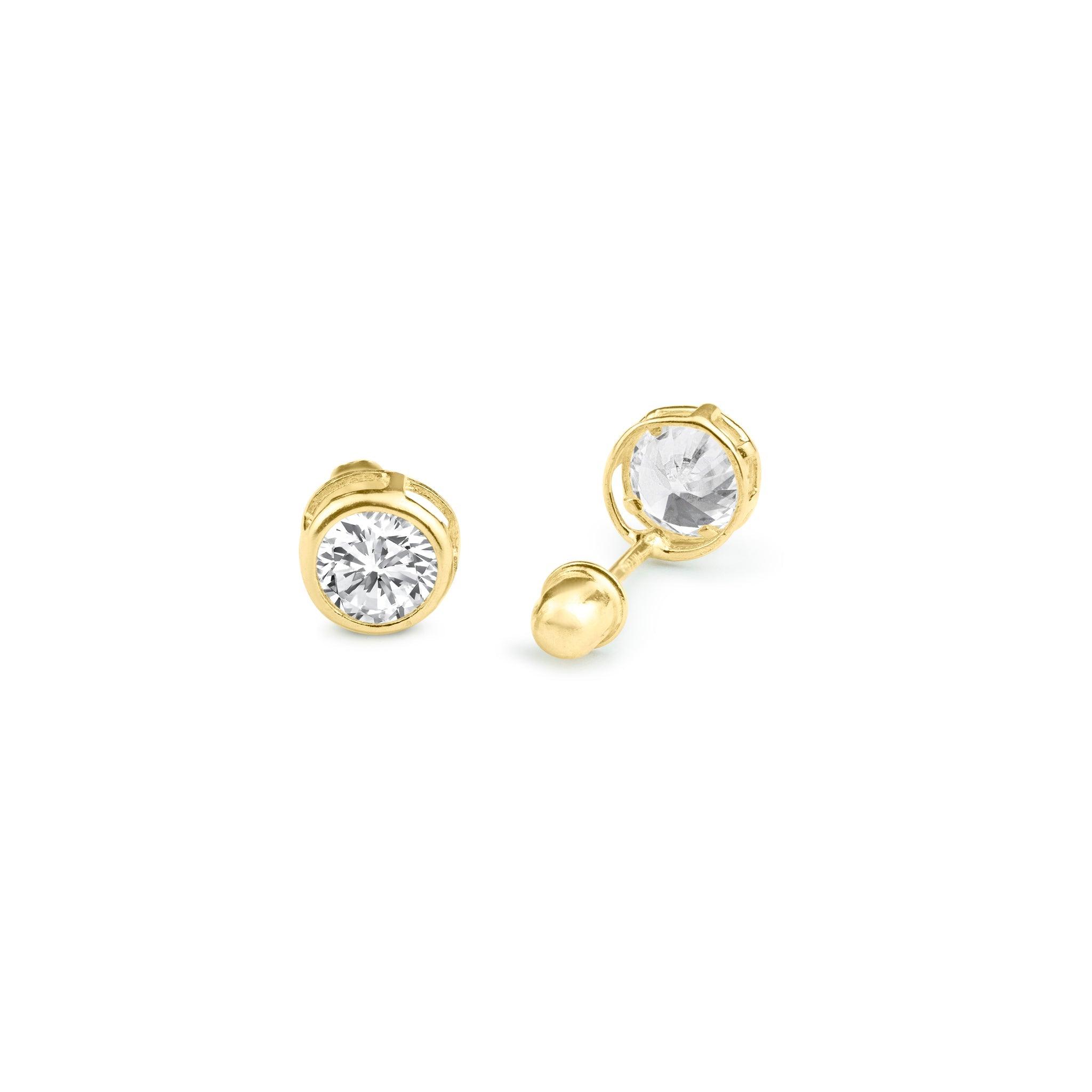 14E00084. - 14 Karat Yellow Gold Round Bezel Clear CZ Screw Back Stud Earring