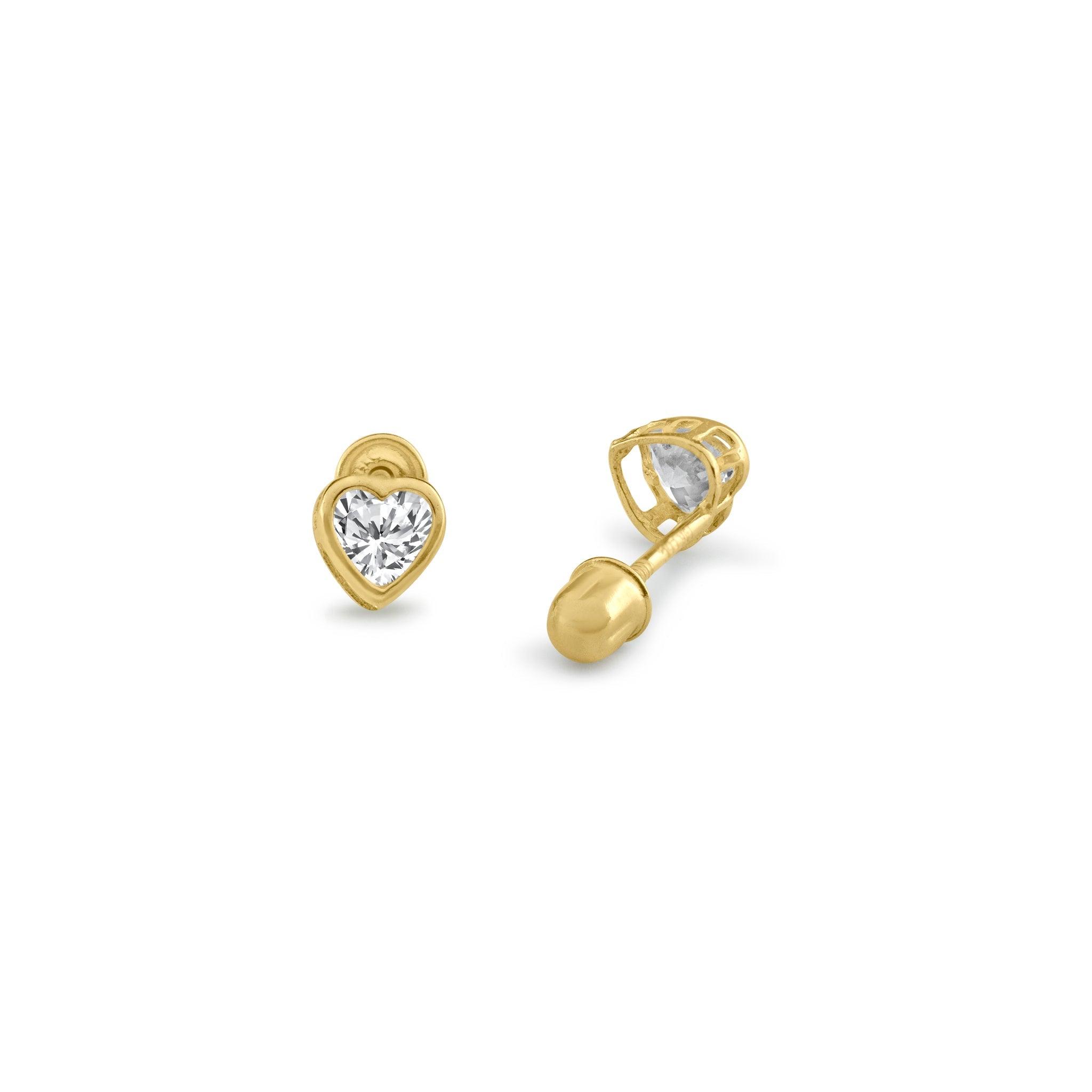 14E00085. - 14 Karat Yellow Gold Heart Bezel Clear CZ Screw Back Stud Earring