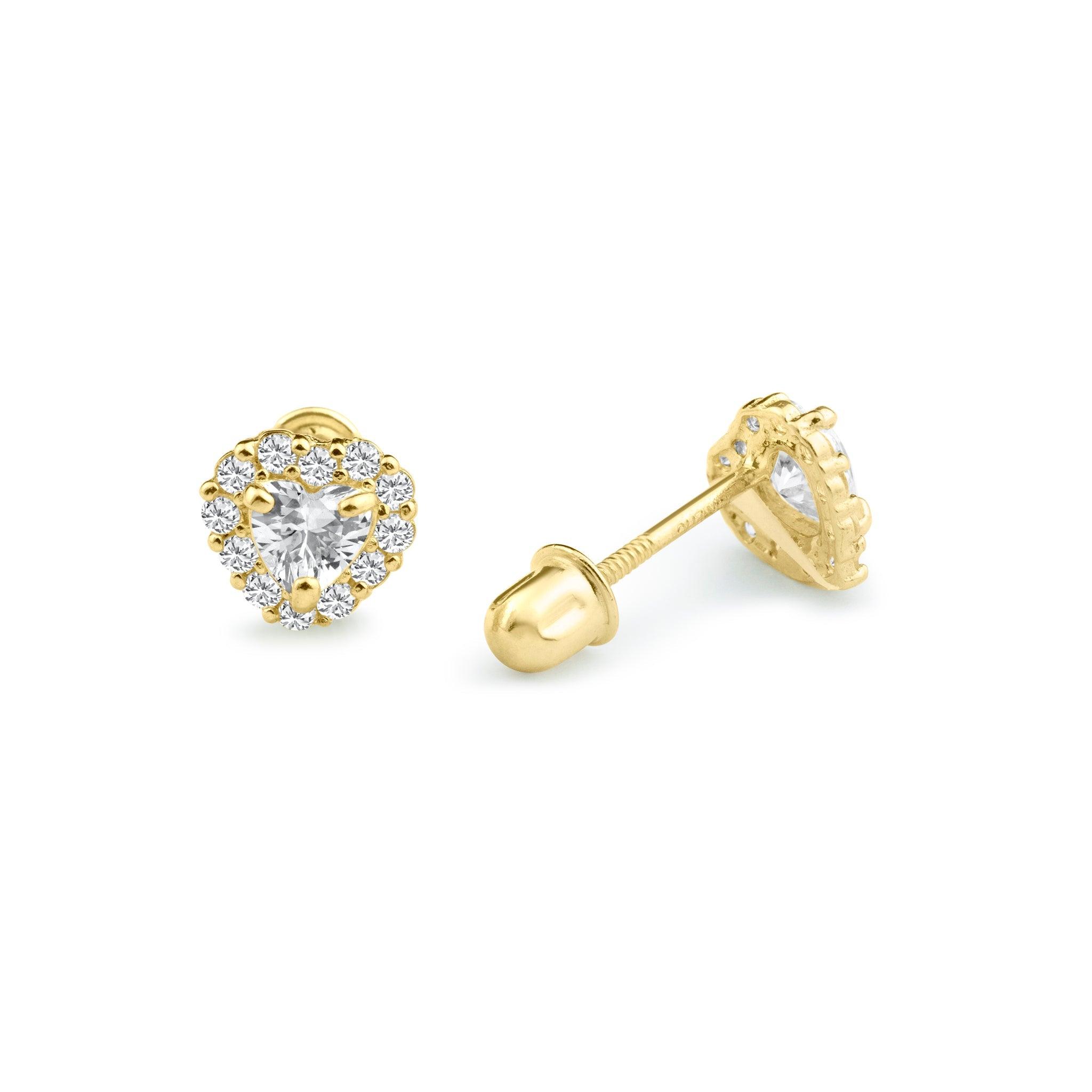 14E00086. - 14 Karat Yellow Gold Heart Center Clear CZ Screw Back Stud Earring