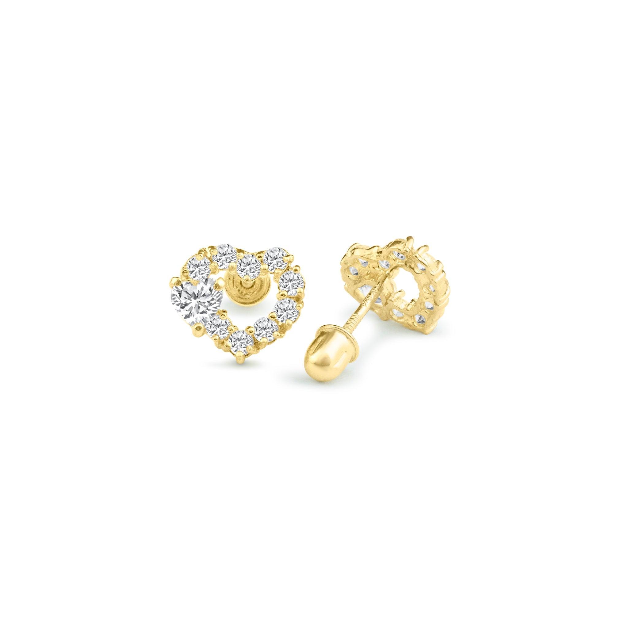 14E00087. - 14 Karat Yellow Gold Open Heart Clear Round and Heart CZ Screw Back Stud Earring