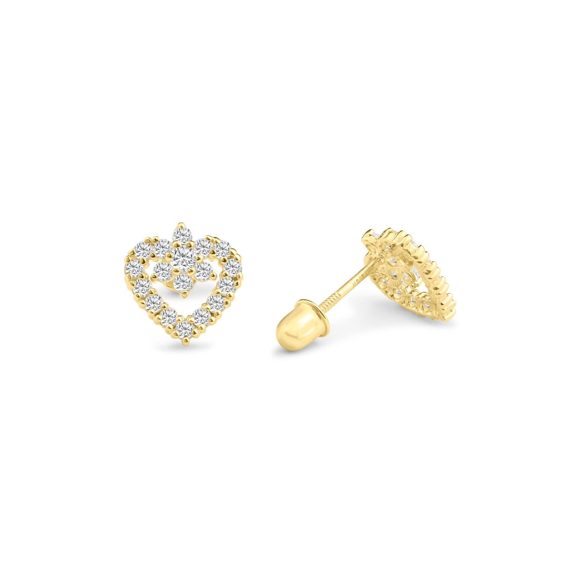 14E00089. - 14 Karat Yellow Gold Heart Flower In The Middle CZ Screw Back Stud Earring