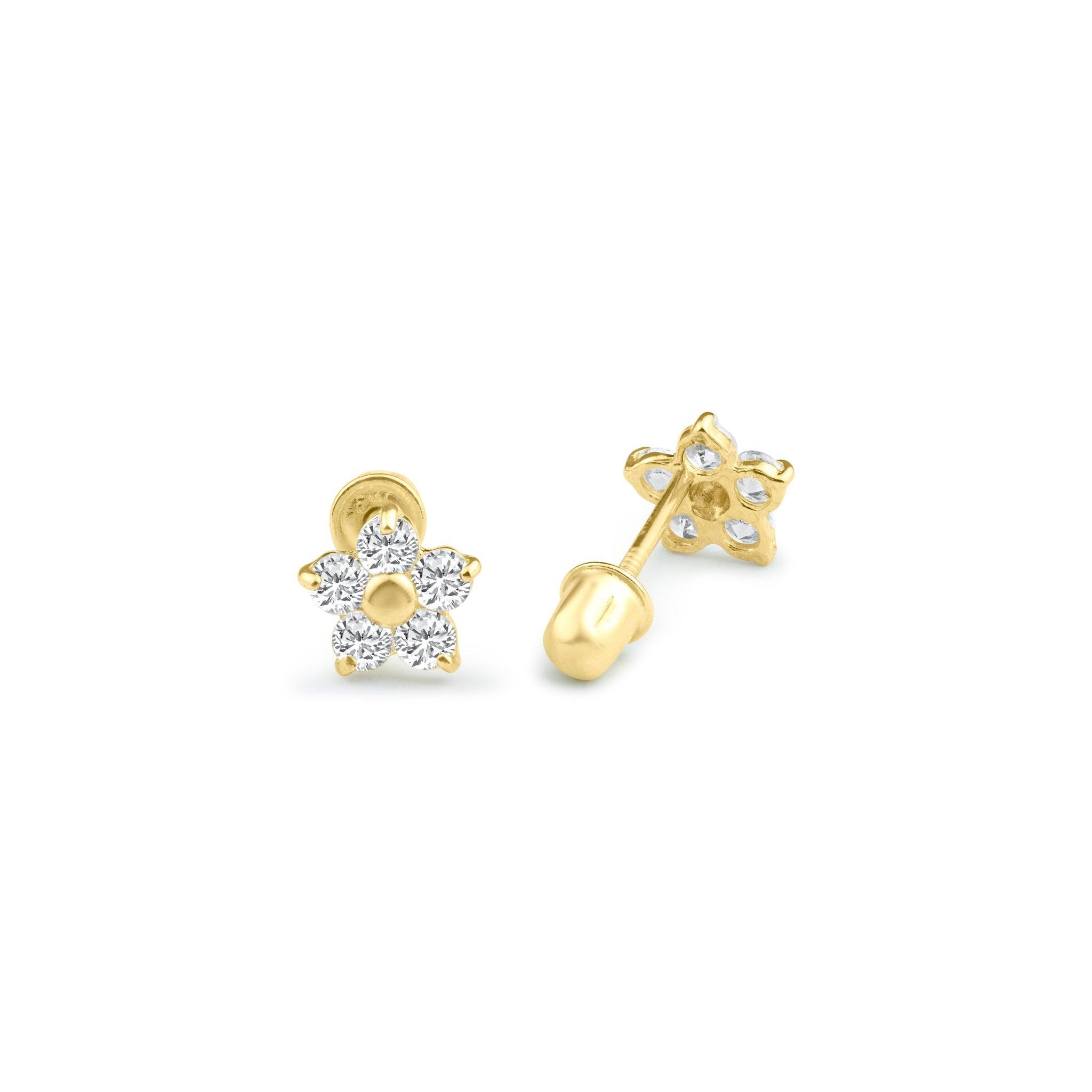 14E00091. - 14 Karat Yellow Gold Flower CZ Screw Back Stud Earring