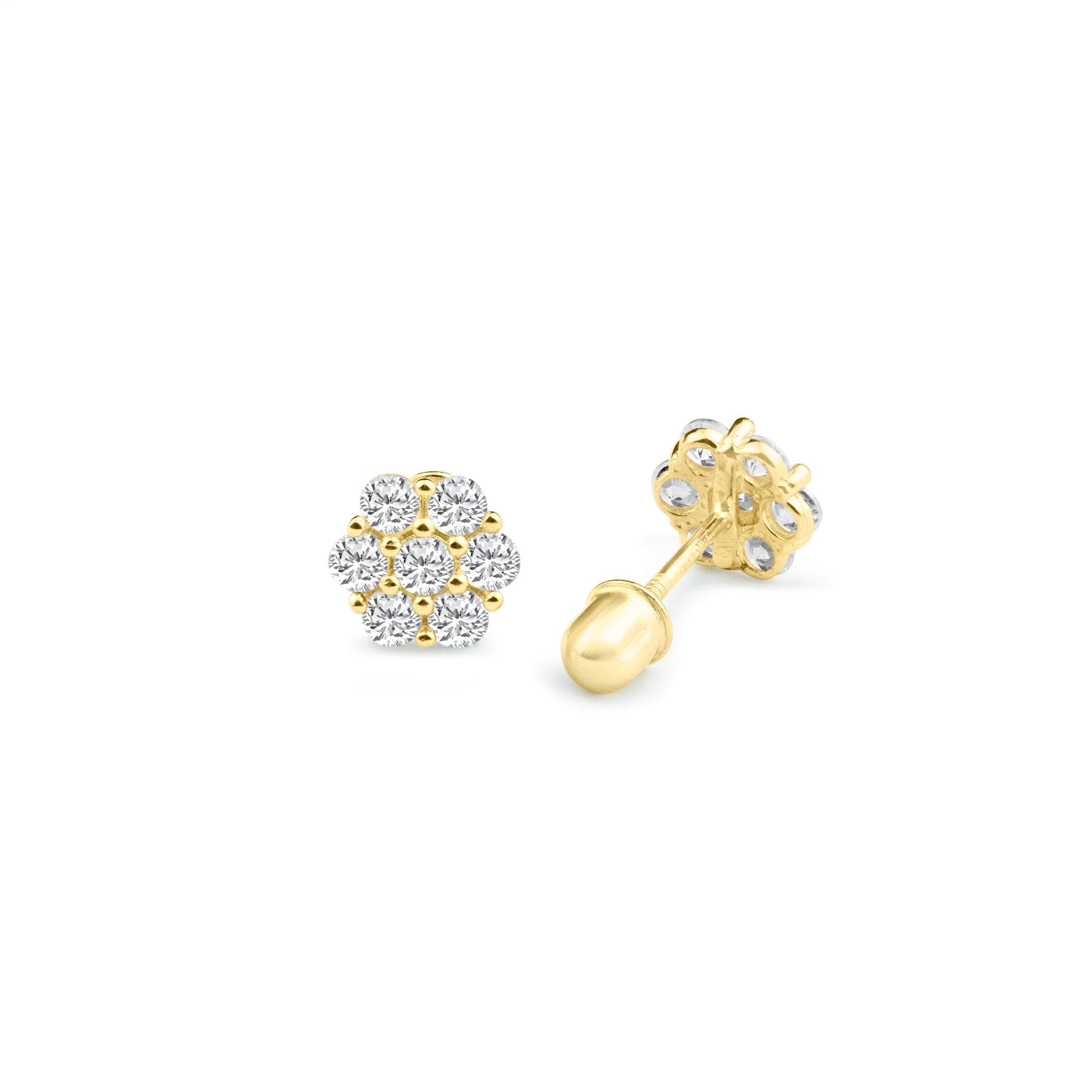 14E00092. - 14 Karat Yellow Gold Flower CZ Screw Back Stud Earring