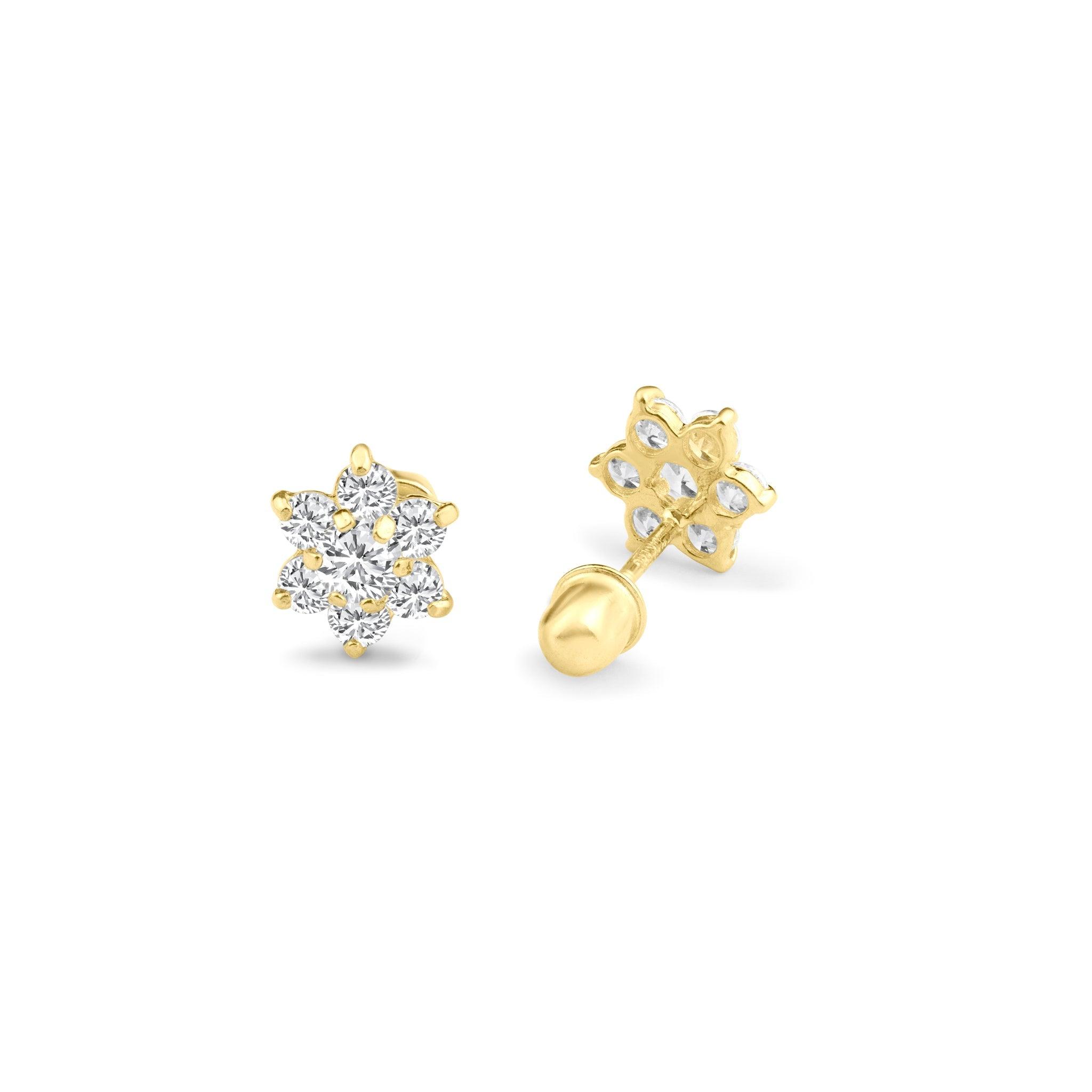 14E00094. - 14 Karat Yellow Gold Center CZ Flower Screw Back Stud Earring