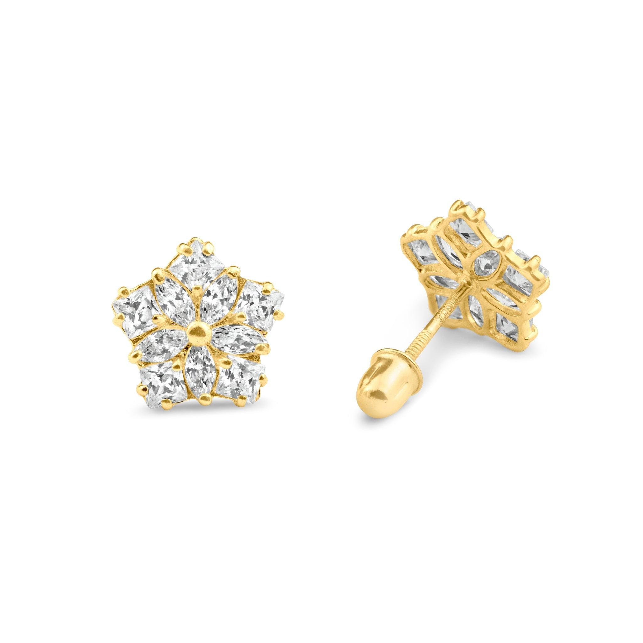 14E00095. - 14 Karat Yellow Gold Center CZ Flower Screw Back Stud Earring