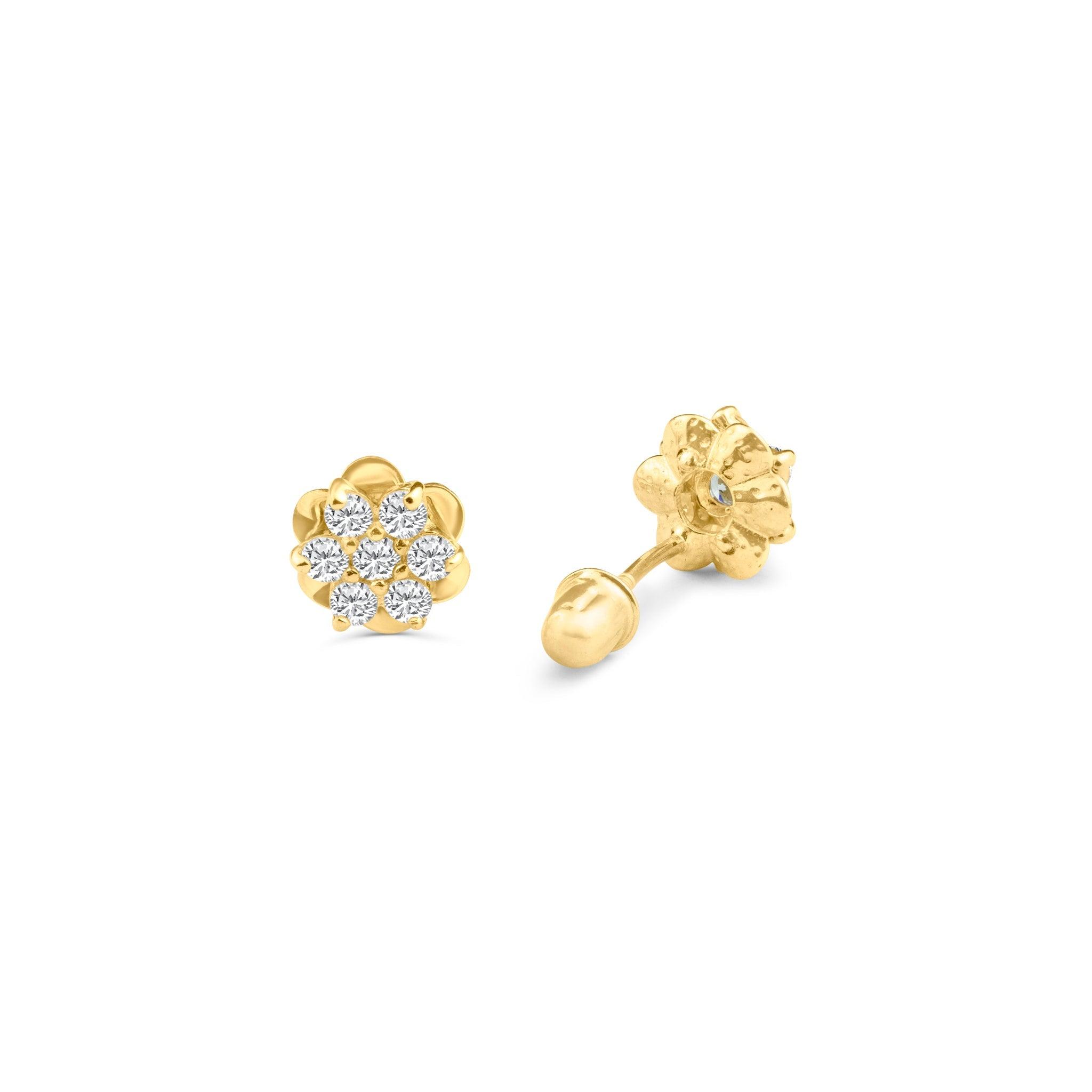 14E00096. - 14 Karat Yellow Gold Center CZ Flower Screw Back Stud Earring