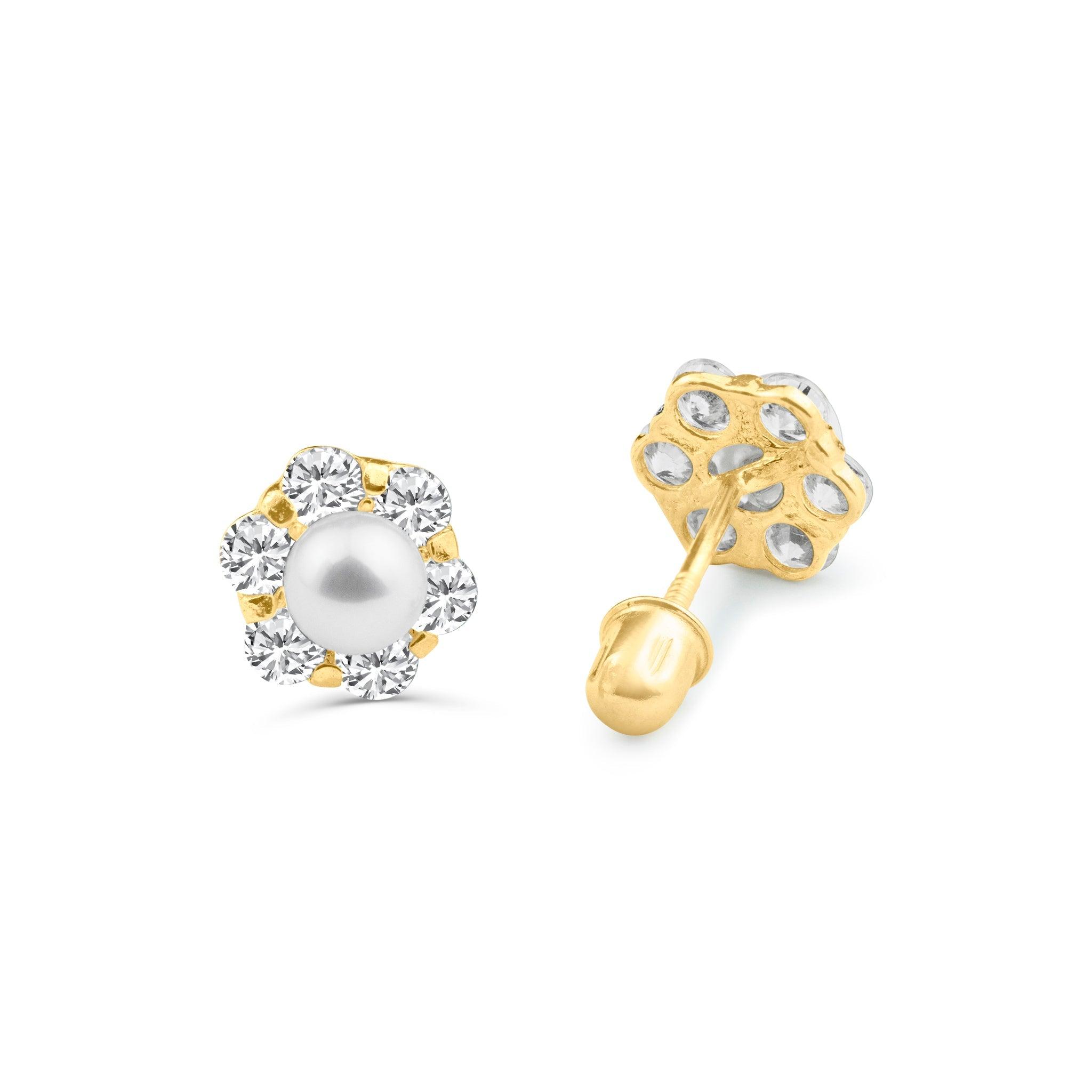 14E00097. - 14 Karat Yellow Gold Center CZ Flower Center Pearl Screw Back Stud Earring