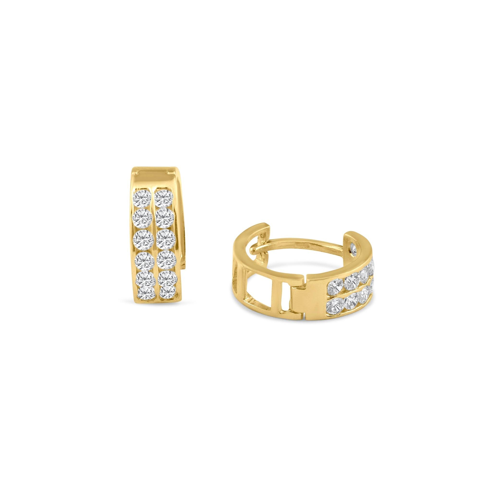 14E00102. - 14 Karat Yellow Gold CZ 2 Row Hoop Earring