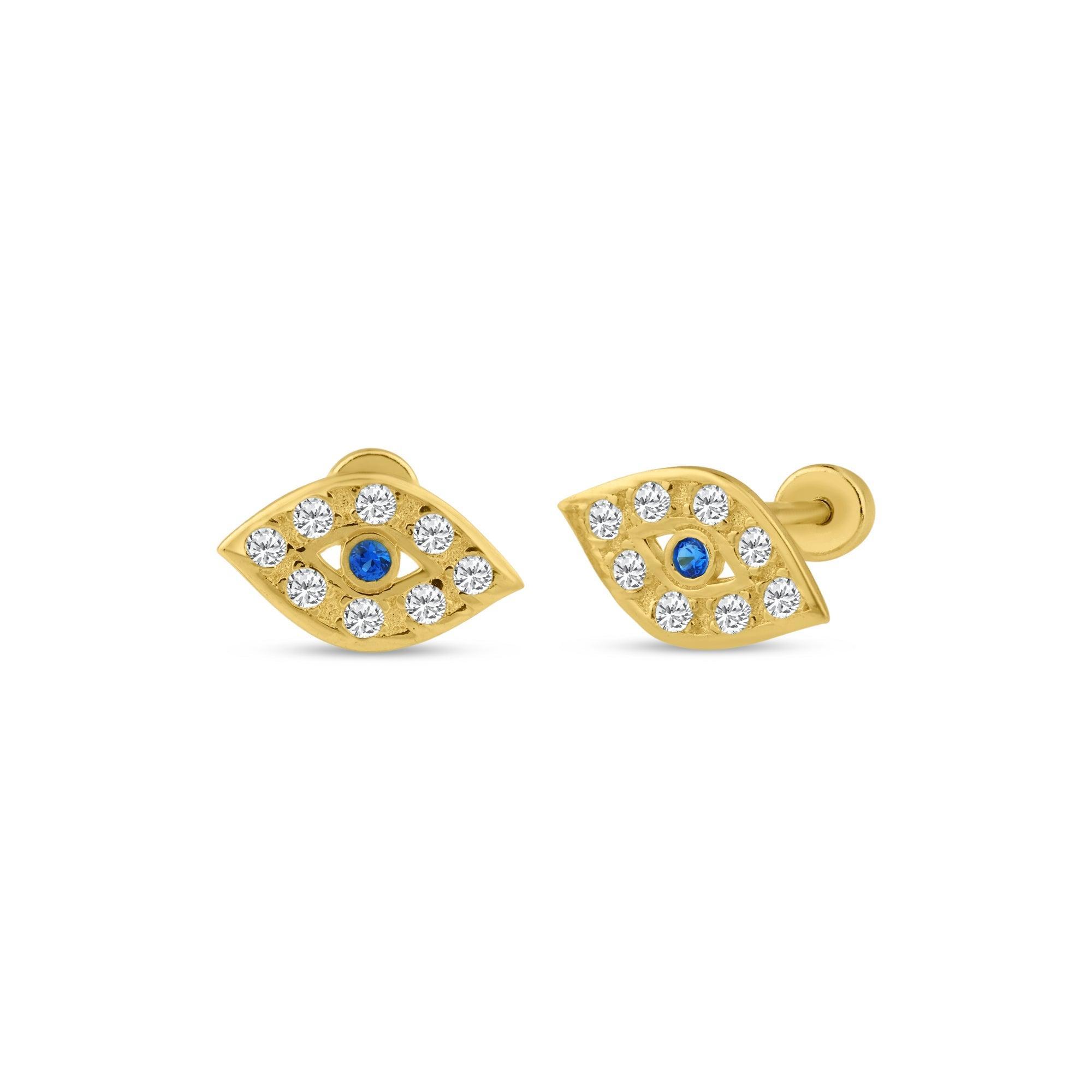 14E00112. - 14 Karat Yellow Gold Blue and Clear CZ Evil Eye Screw Back Stud Earring