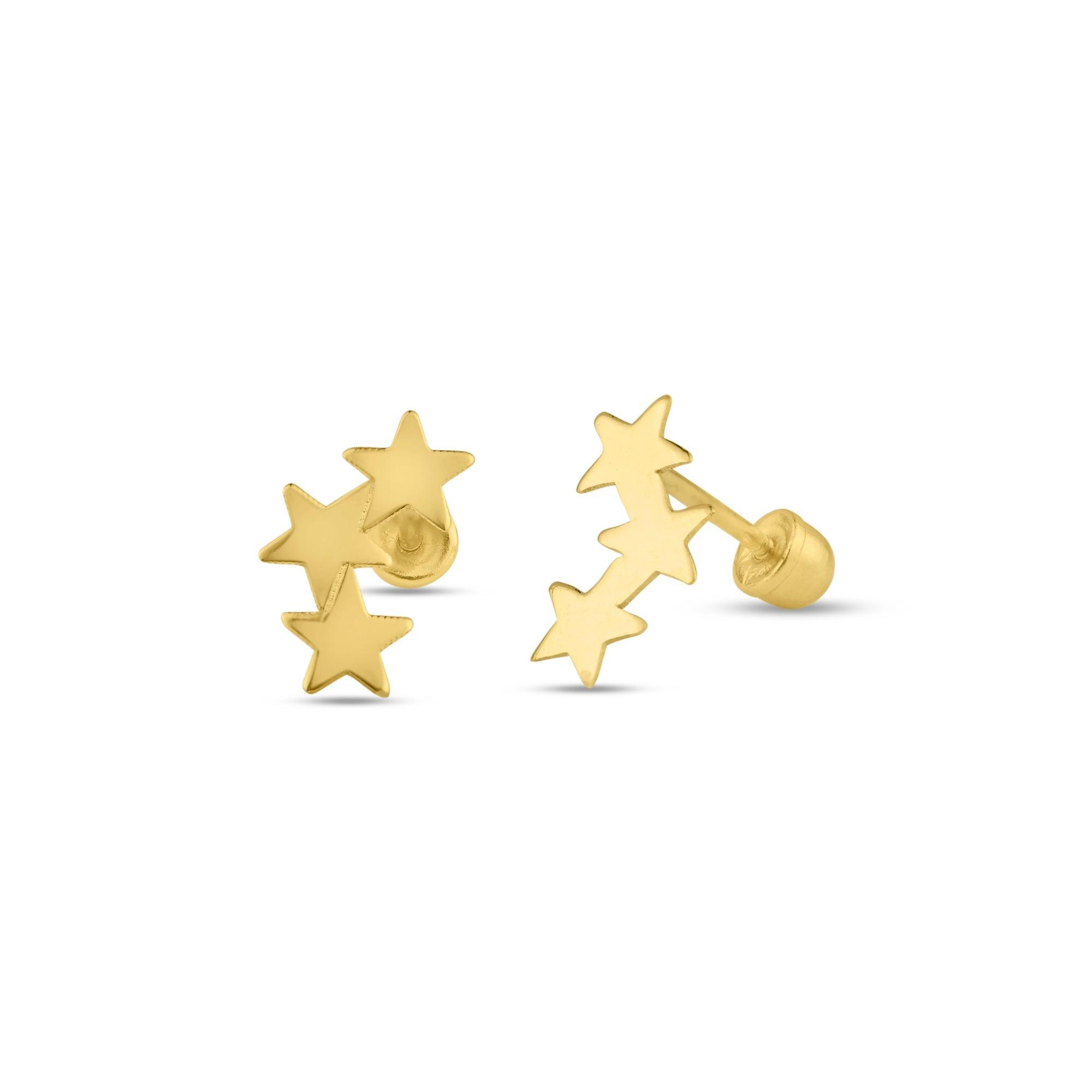 14E00115. - 14 Karat Yellow Gold 3 Star Screw Back Stud Earring