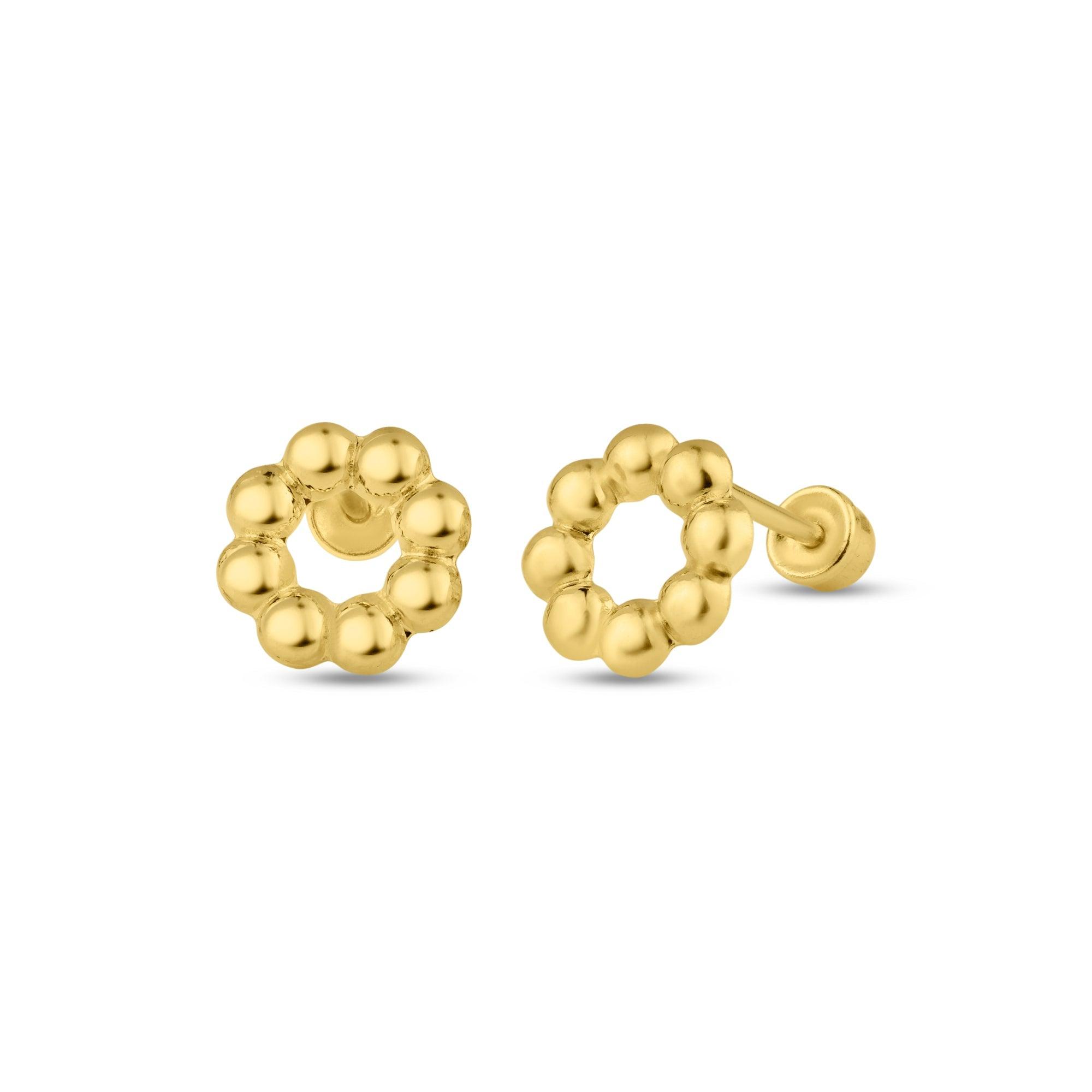 14E00116. - 14 Karat Yellow Gold Beaded Open Circle Screw Back Stud Earring