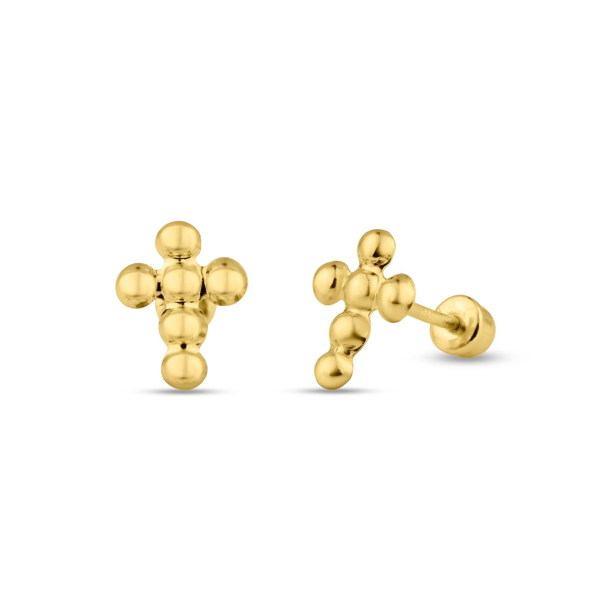 14E00117. - 14 Karat Yellow Gold Beaded Cross Screw Back Stud Earring