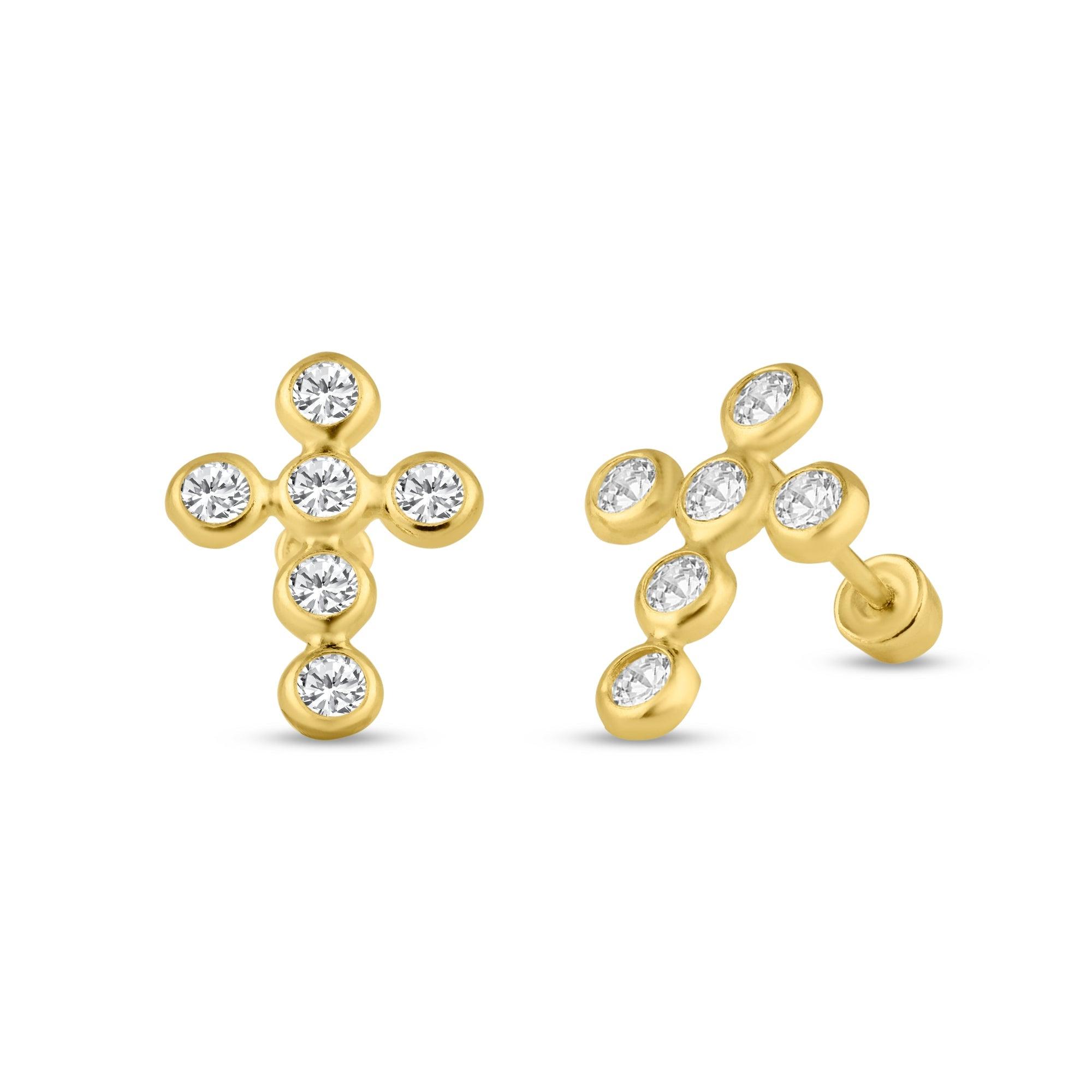 14E00118. - 14 Karat Yellow Gold CZ Cross Screw Back Stud Earring