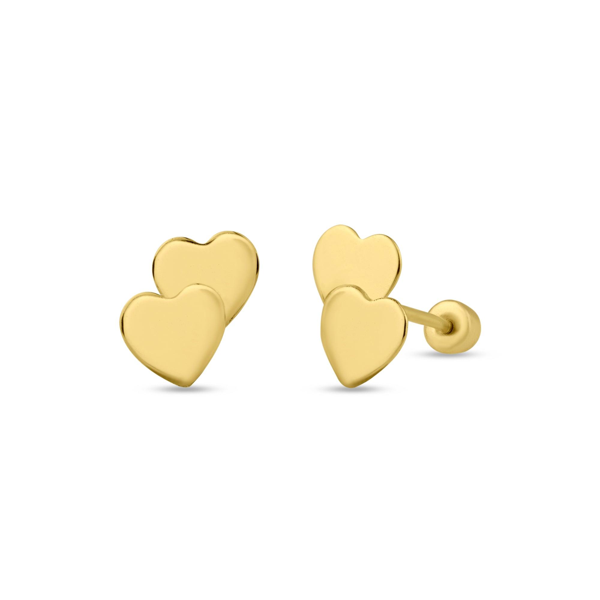 14E00120. - 14 Karat Yellow Gold Double Heart Screw Back Stud Earring