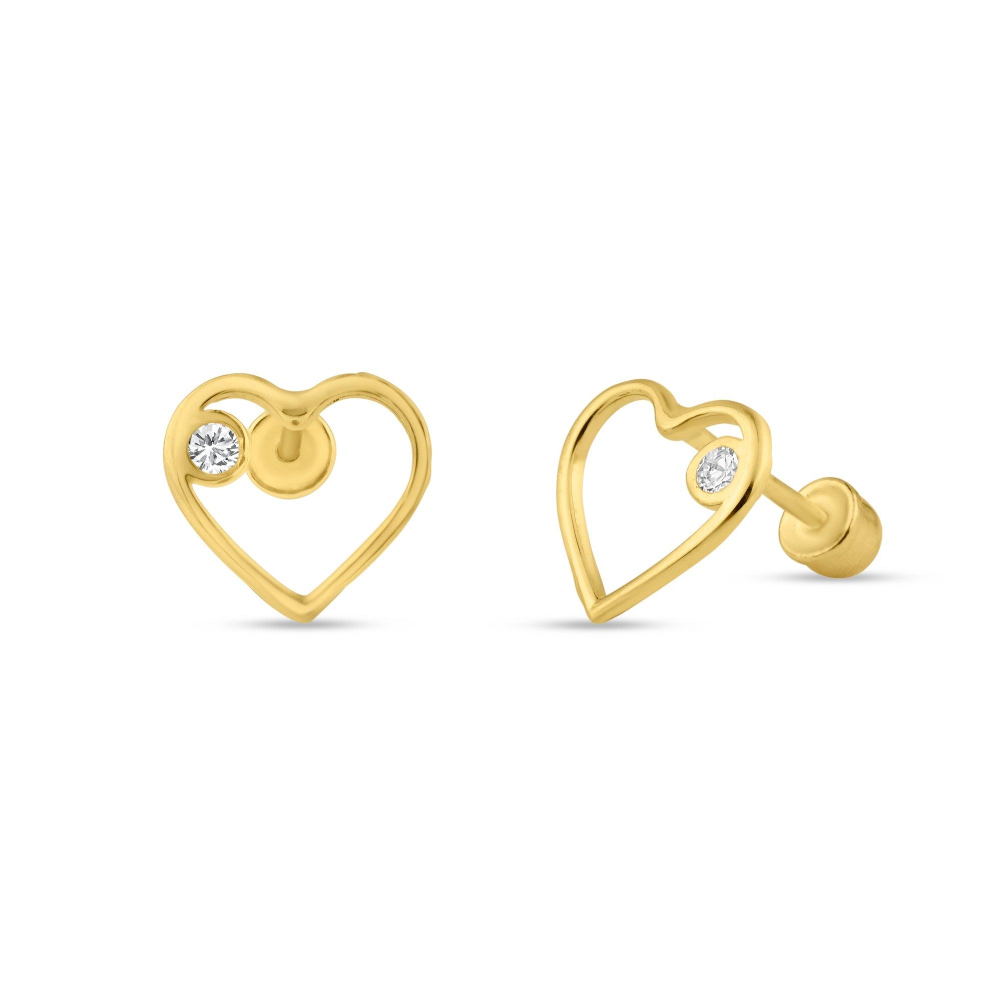 14E00122. - 14 Karat Yellow Gold Open Heart CZ Screw Back Stud Earring