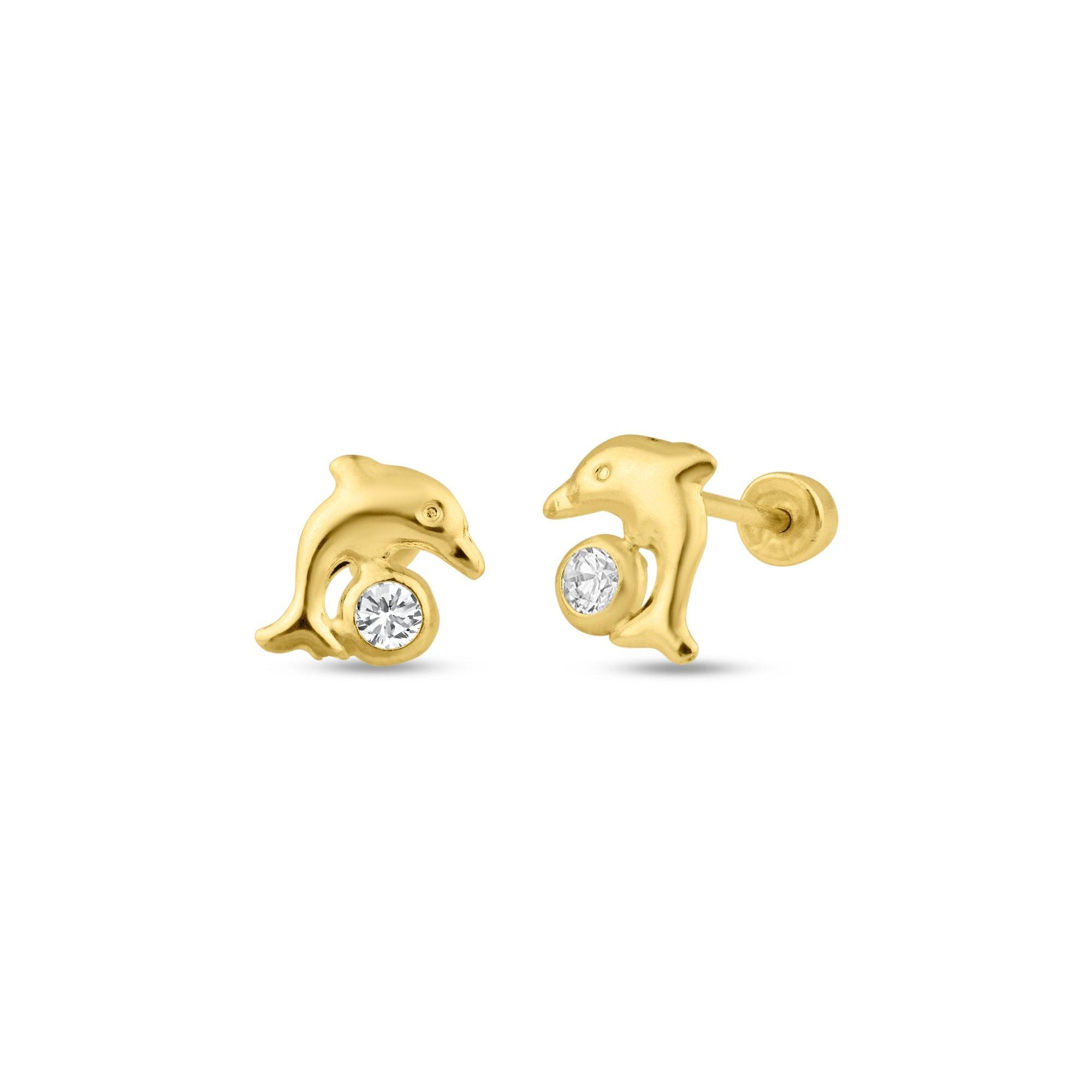 14E00125. - 14 Karat Yellow Gold CZ Dolphin Screw Back Stud Earring