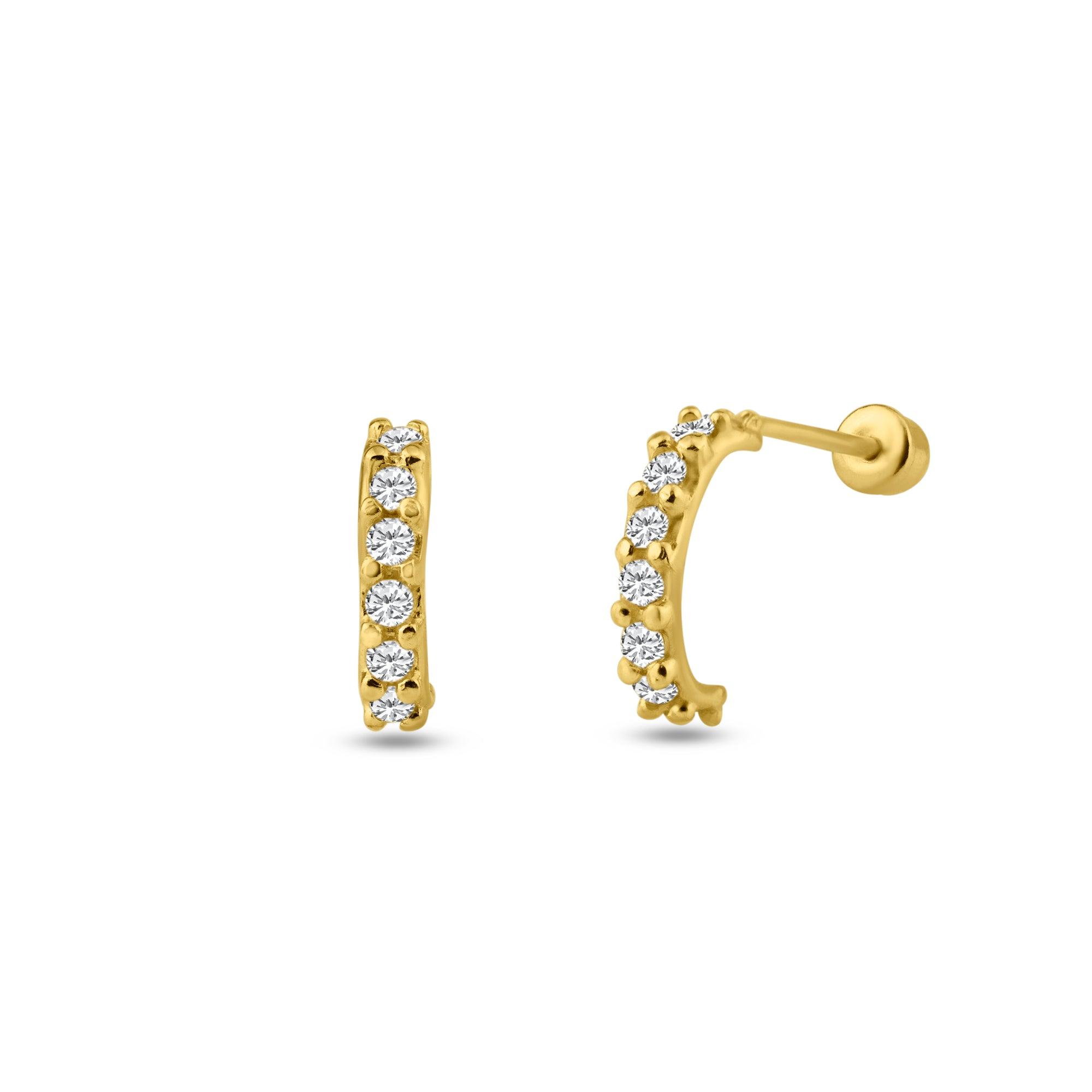 14E00128. - 14 Karat Yellow Gold Semi Hoop CZ Screw Back Stud Earring