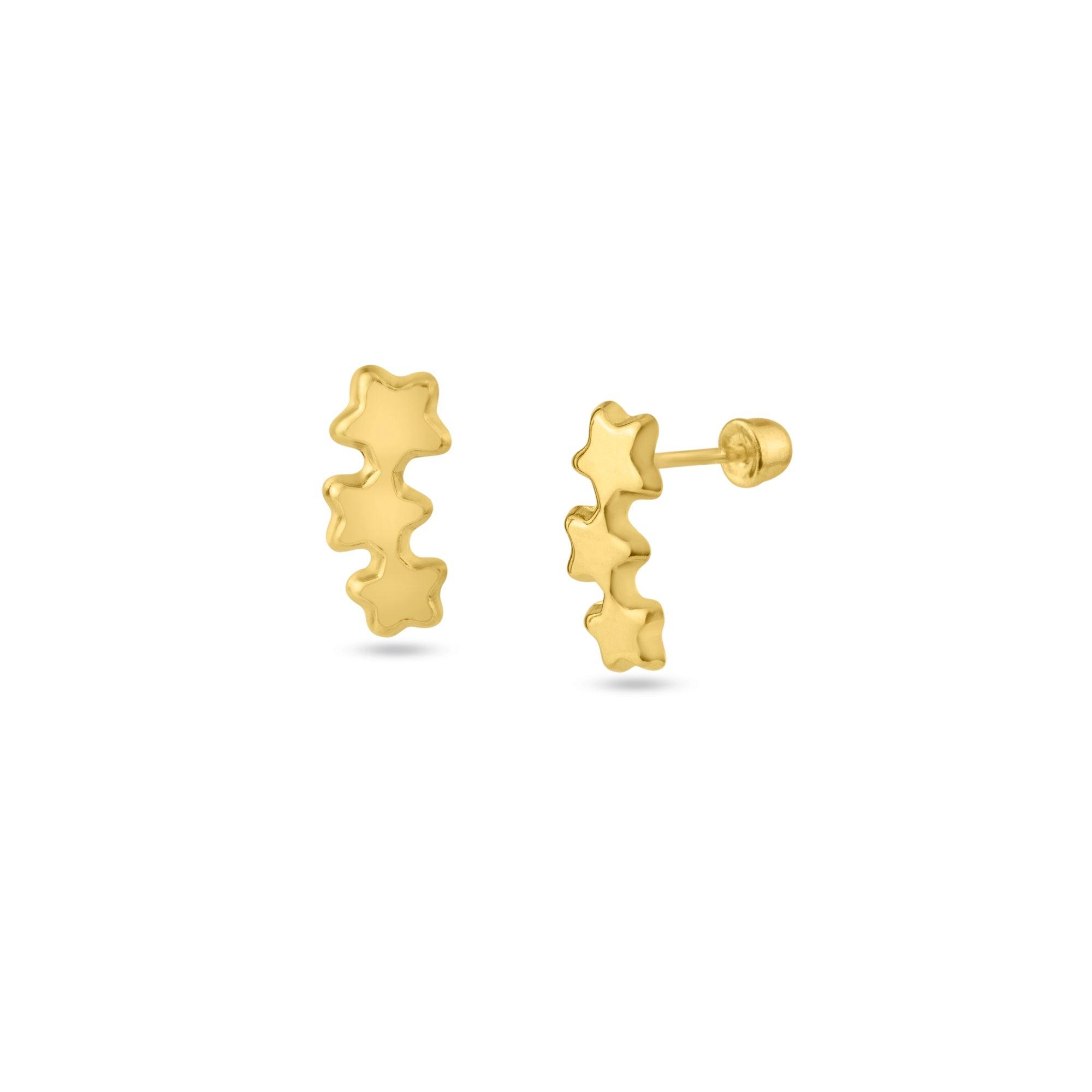 14E00130. - 14 Karat Yellow Gold 3 Stars Screw Back Stud Earring