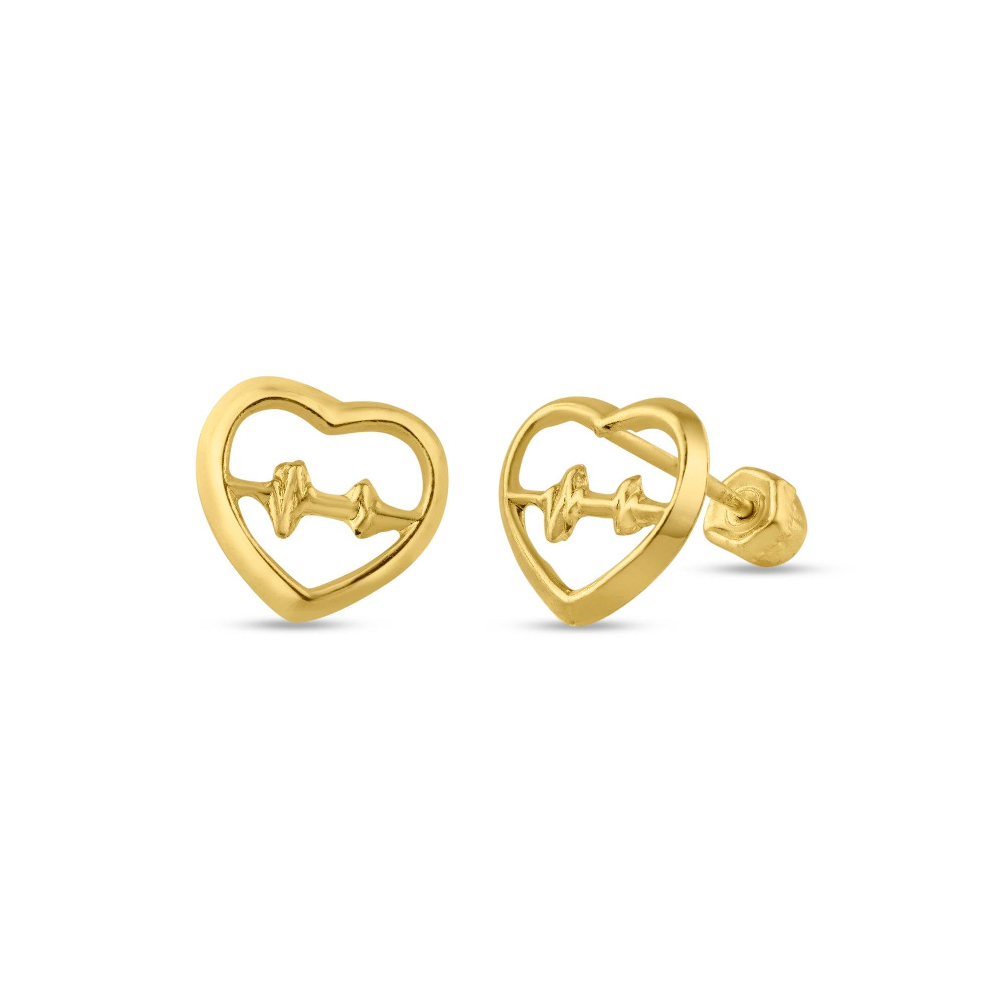 14E00137. - 14 Karat Yellow Gold Open Heart Beat Screw Back Stud Earring