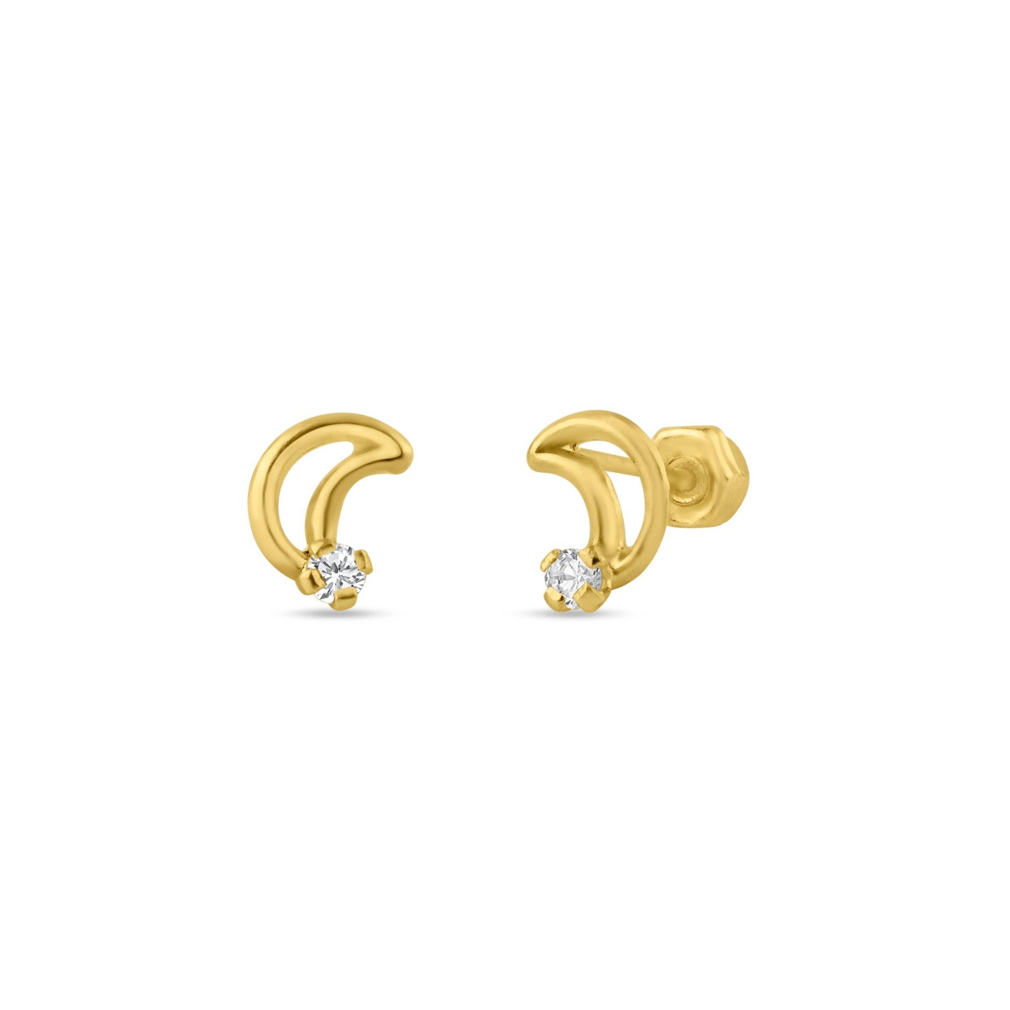 14E00138. - 14 Karat Yellow Gold Open Crescent CZ Screw Back Stud Earring