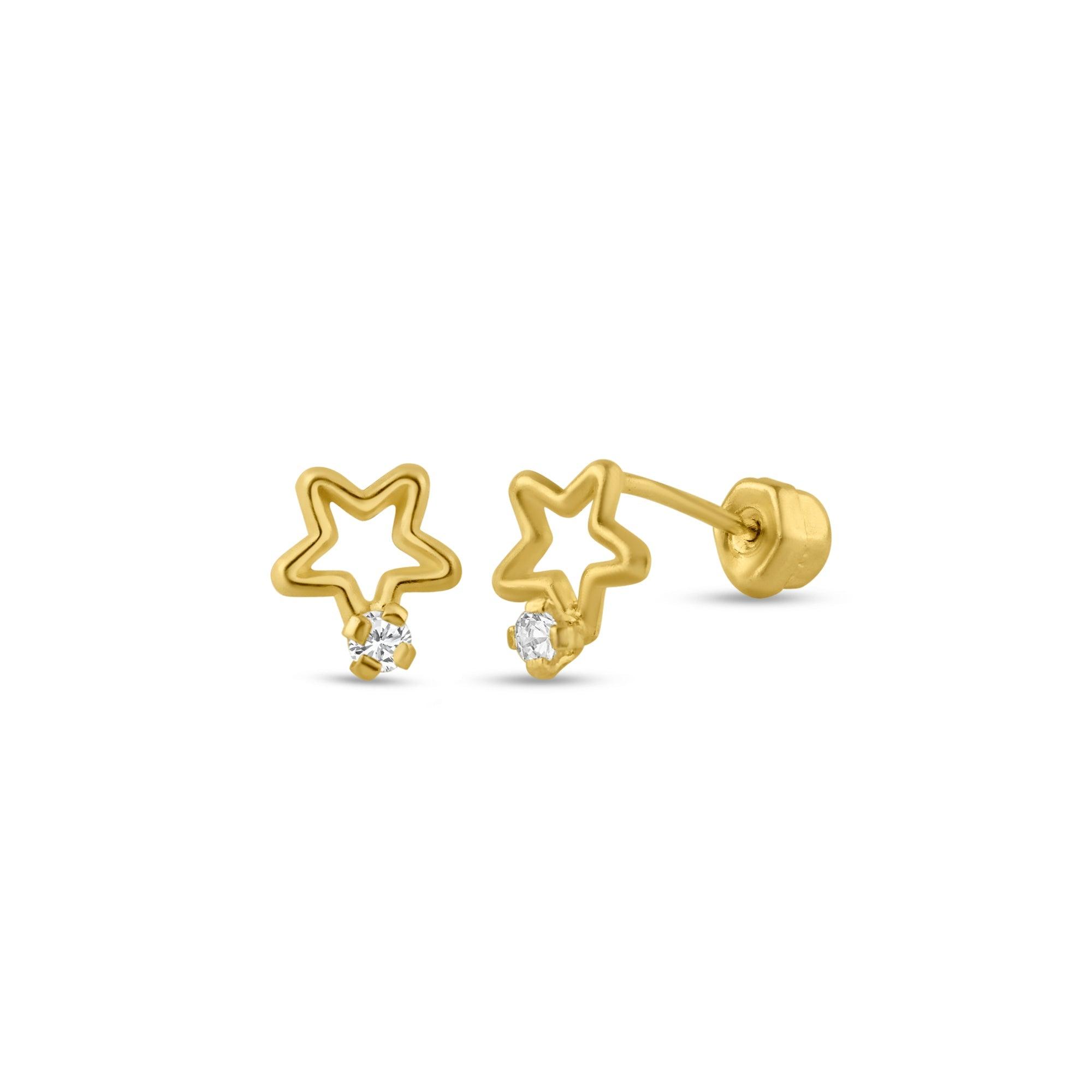 14E00139. - 14 Karat Yellow Gold Open Star CZ Screw Back Stud Earring