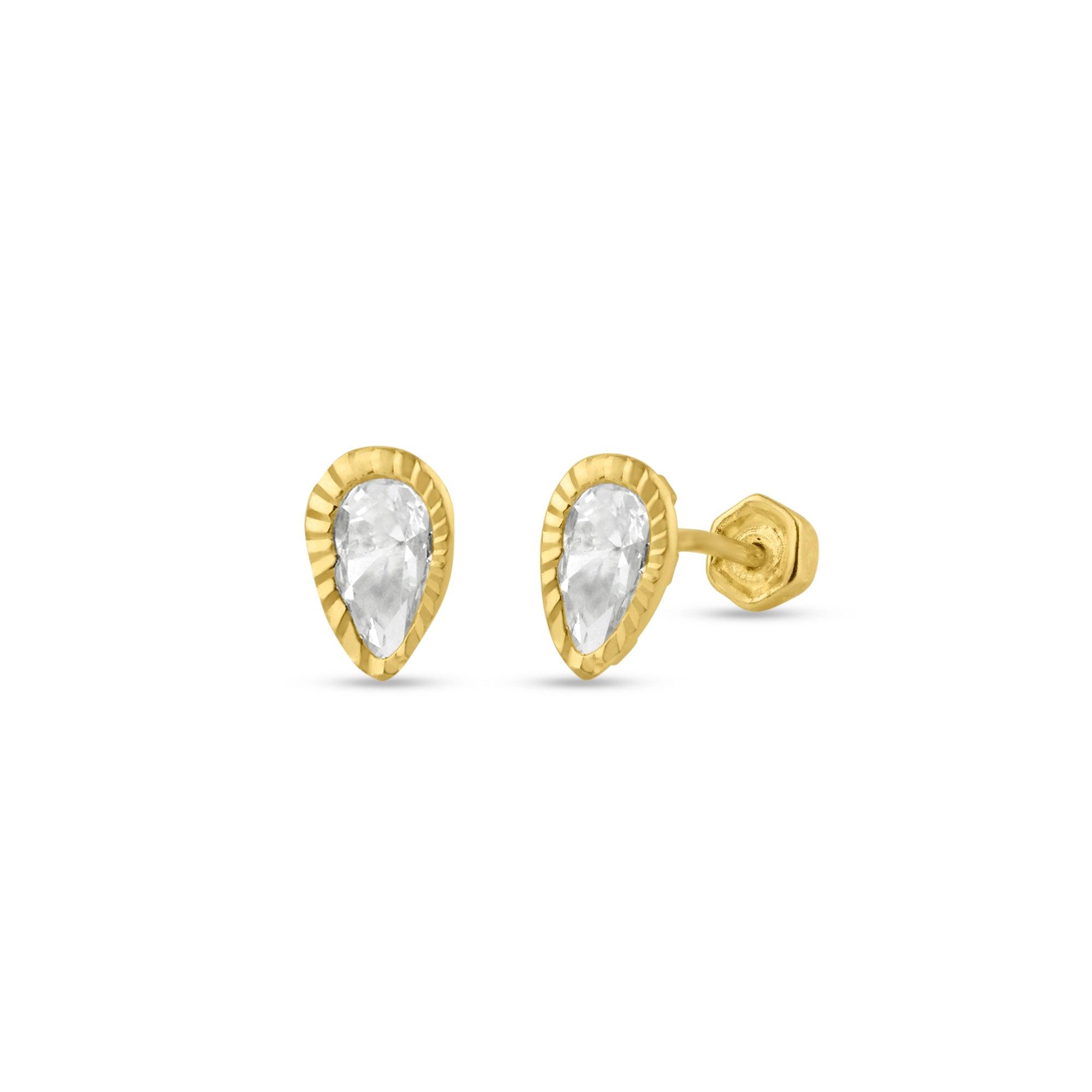 14E00141. - 14 Karat Yellow Gold Open Teardrop CZ Screw Back Stud Earring