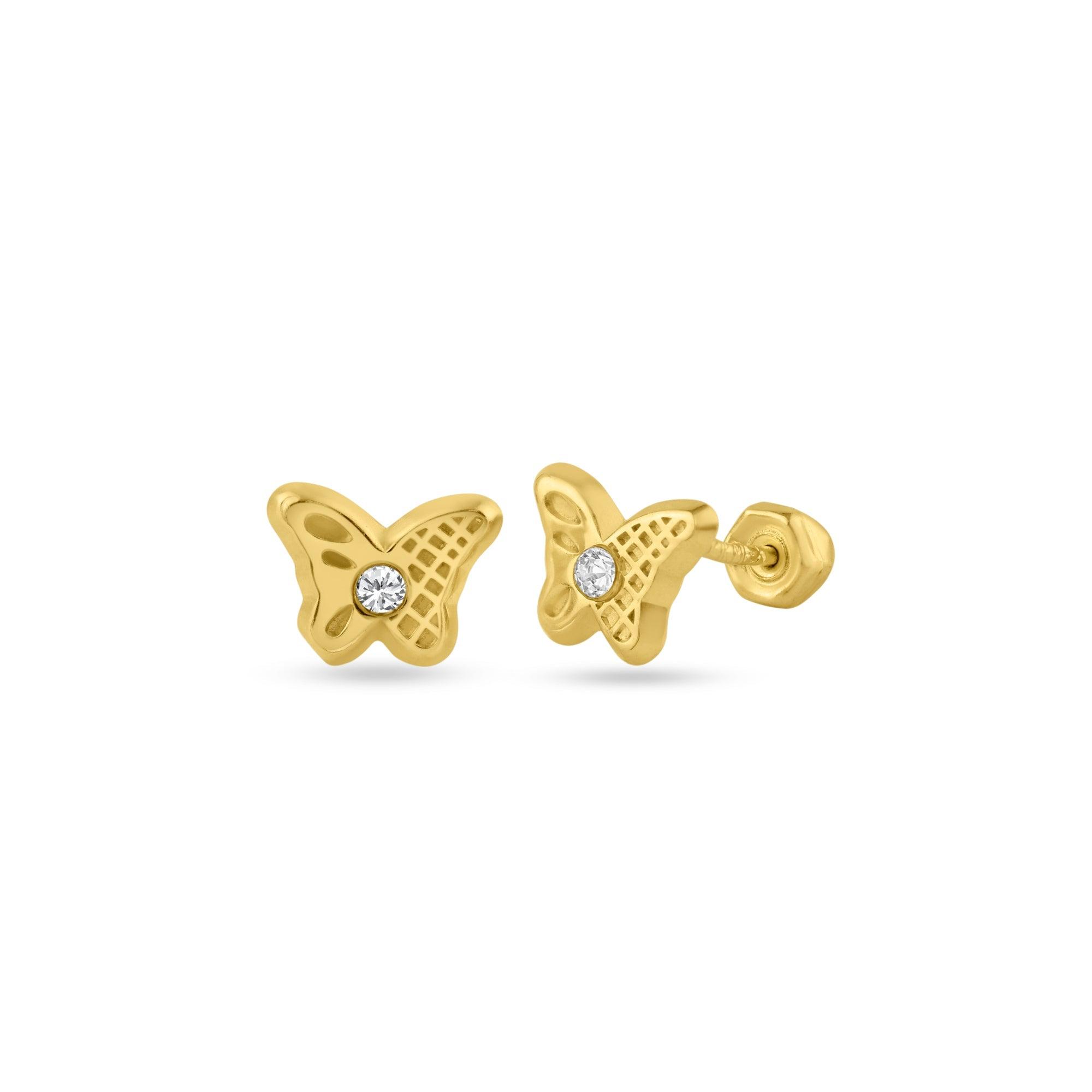 14E00154. - 14 Karat Yellow Gold Butterfly CZ Screw Back Stud Earring