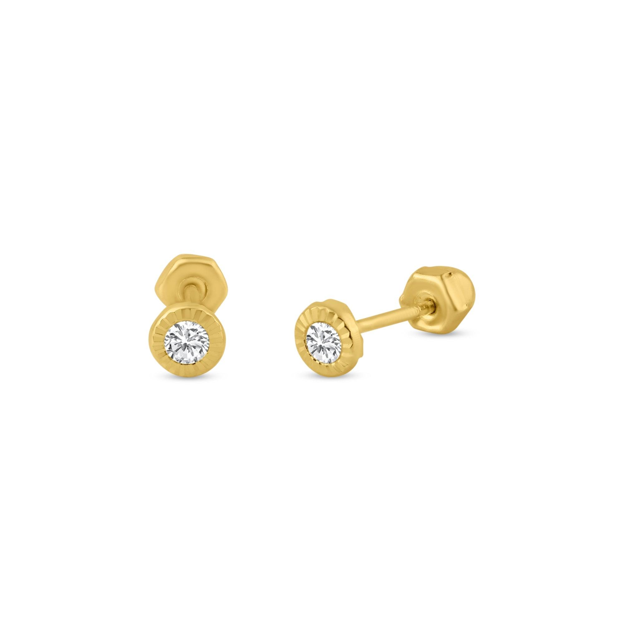 14E00156. - 14 Karat Yellow Gold 2.5mm Diamond Cut Bezel Screw Back Stud Earring