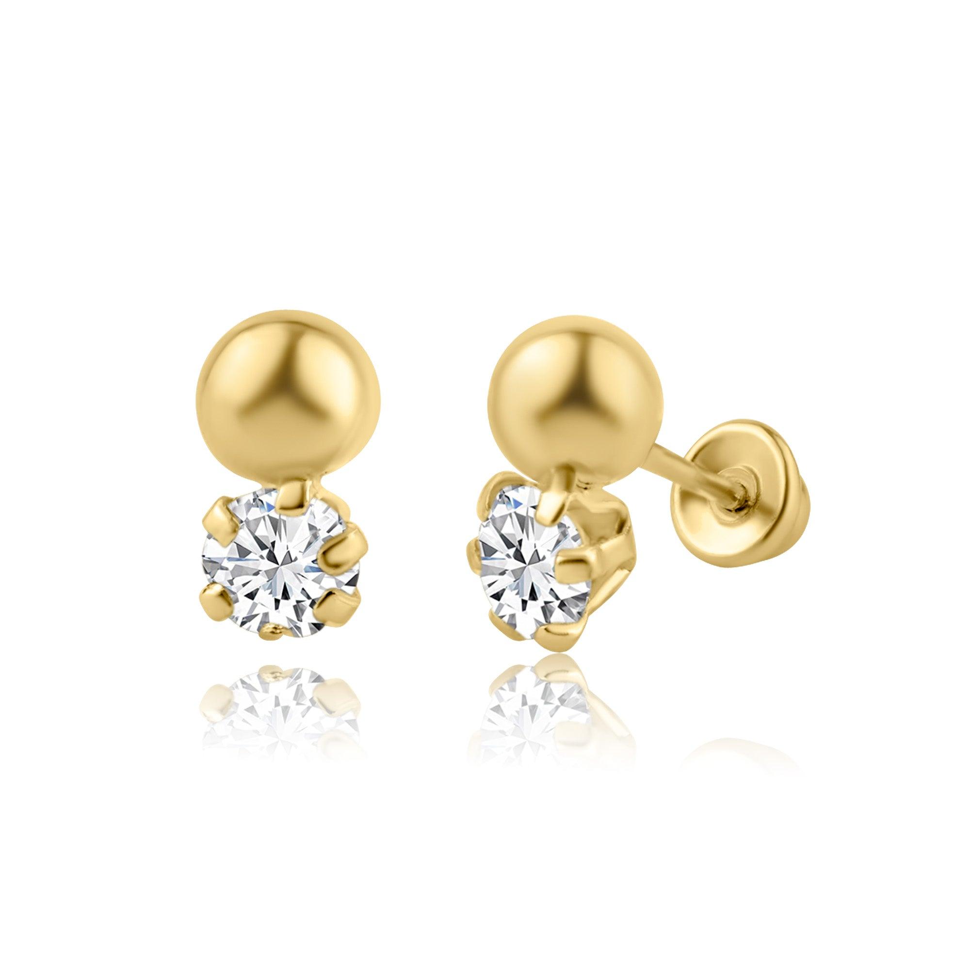 14E00164. - 14 Karat Yellow Gold Round CZ Screw Back Earring