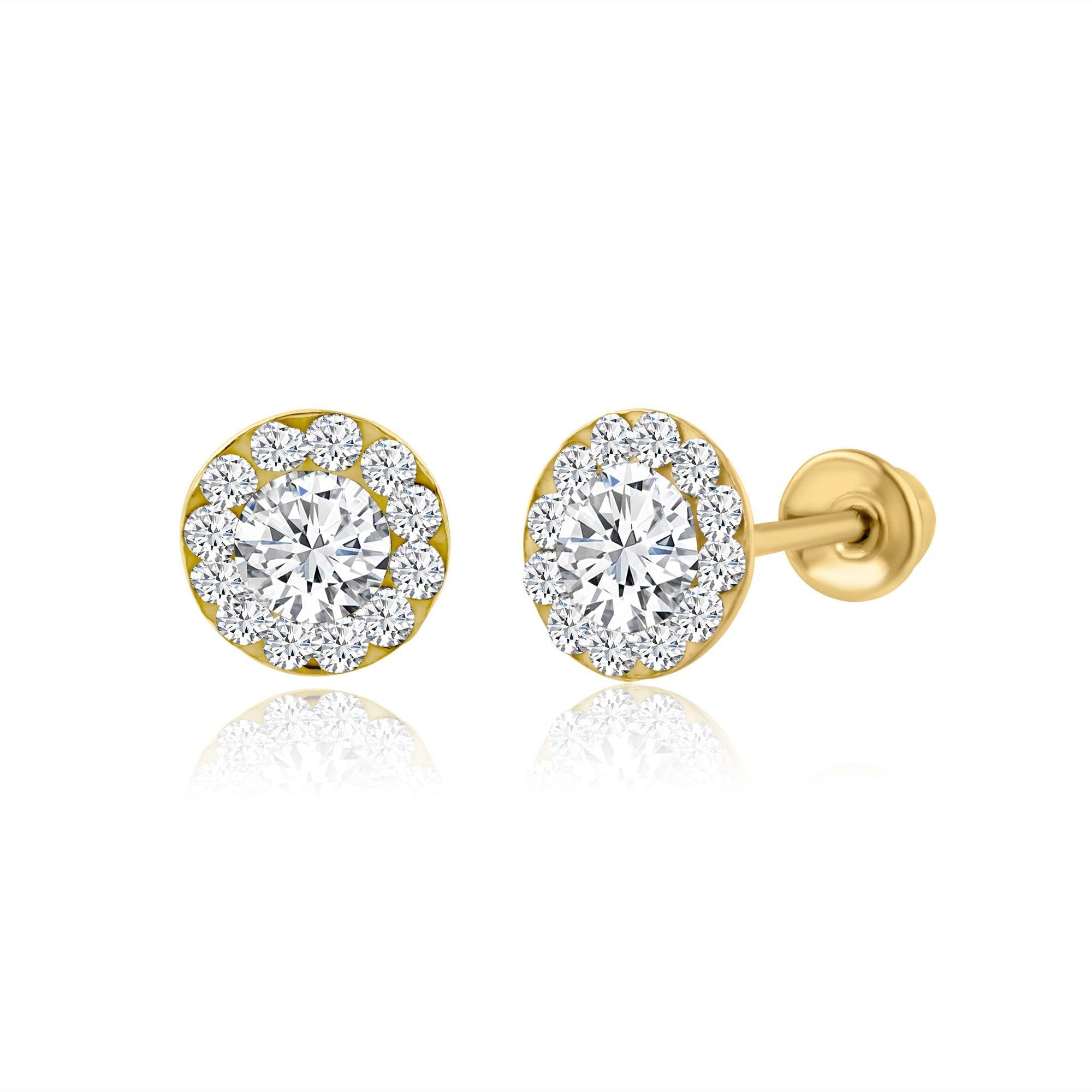 14E00185. - 14 Karat Yellow Gold Round CZ Screw Back Earring