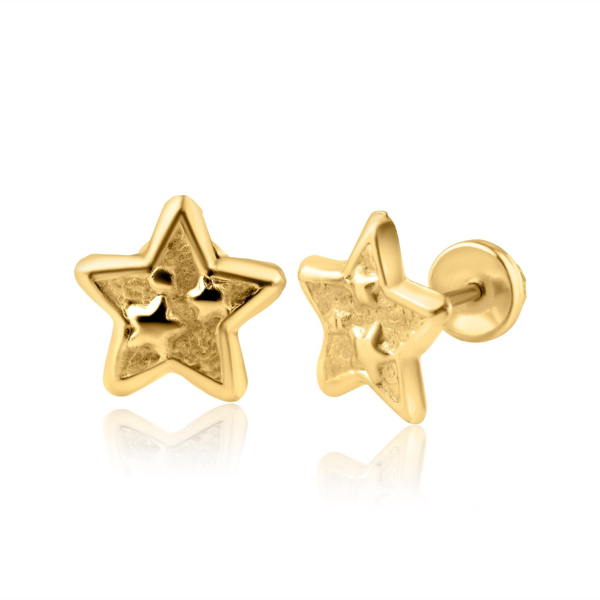 14E00186. - 14 Karat Yellow Gold Star Screw Back Earring