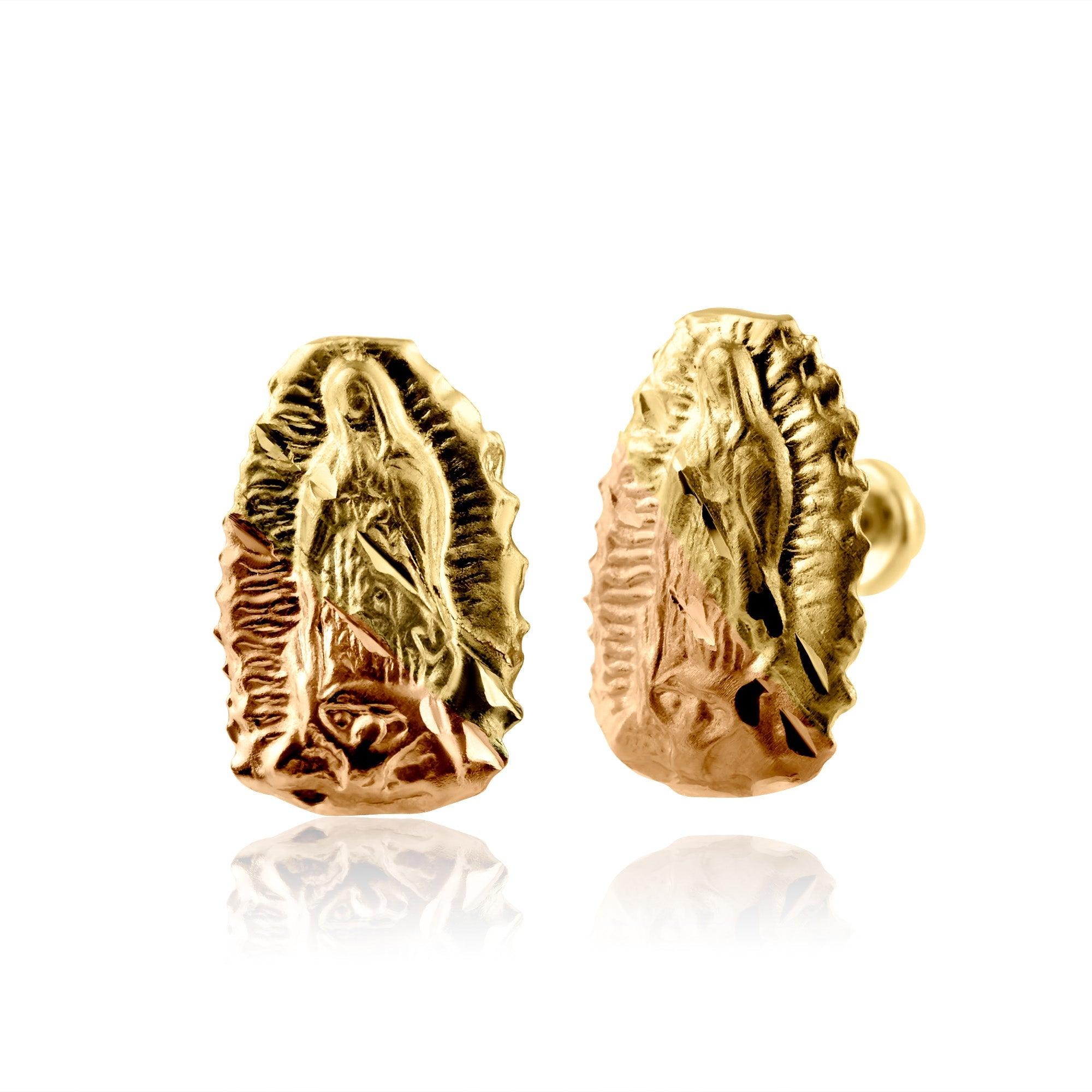 14E00187. - 14 Karat Yellow Gold Three Color Virgin Mary Screw Back Earring