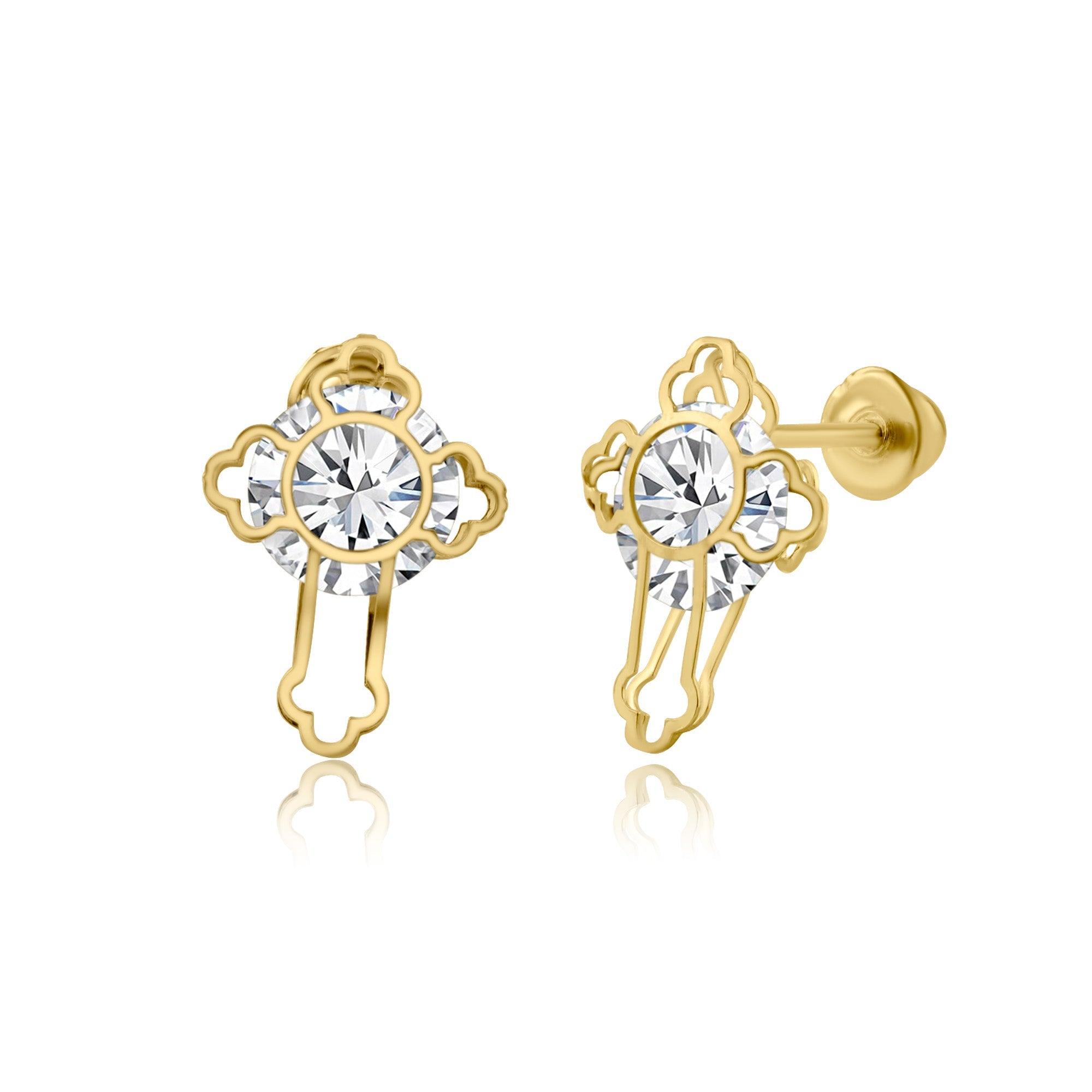 14E00196. - 14 Karat Yellow Gold Laser Cut CZ Screw Back Earring