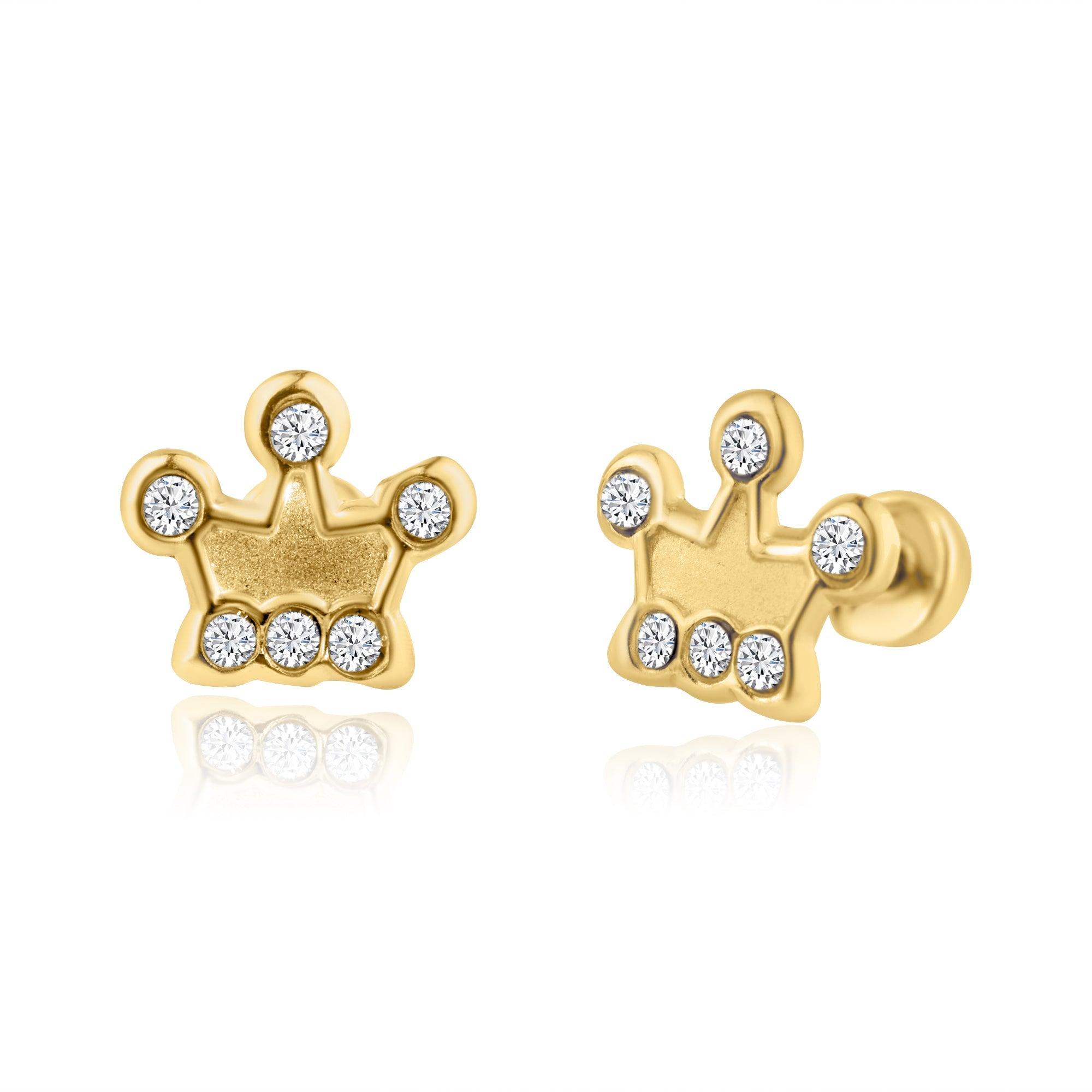 14E00201. - 14 Karat Yellow Gold CZ Crown Screw Back Earring