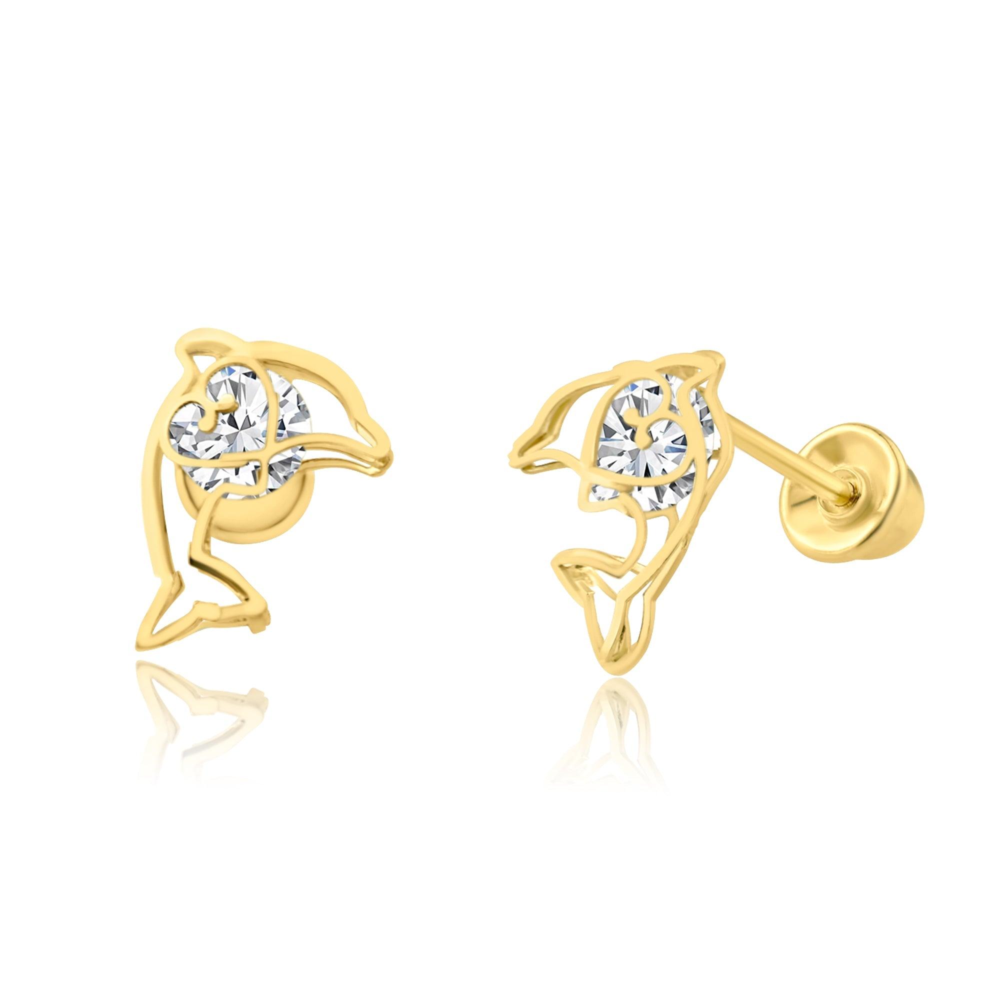 14E00202. - 14 Karat Yellow Gold CZ Open Dolphin Screw Back Earring