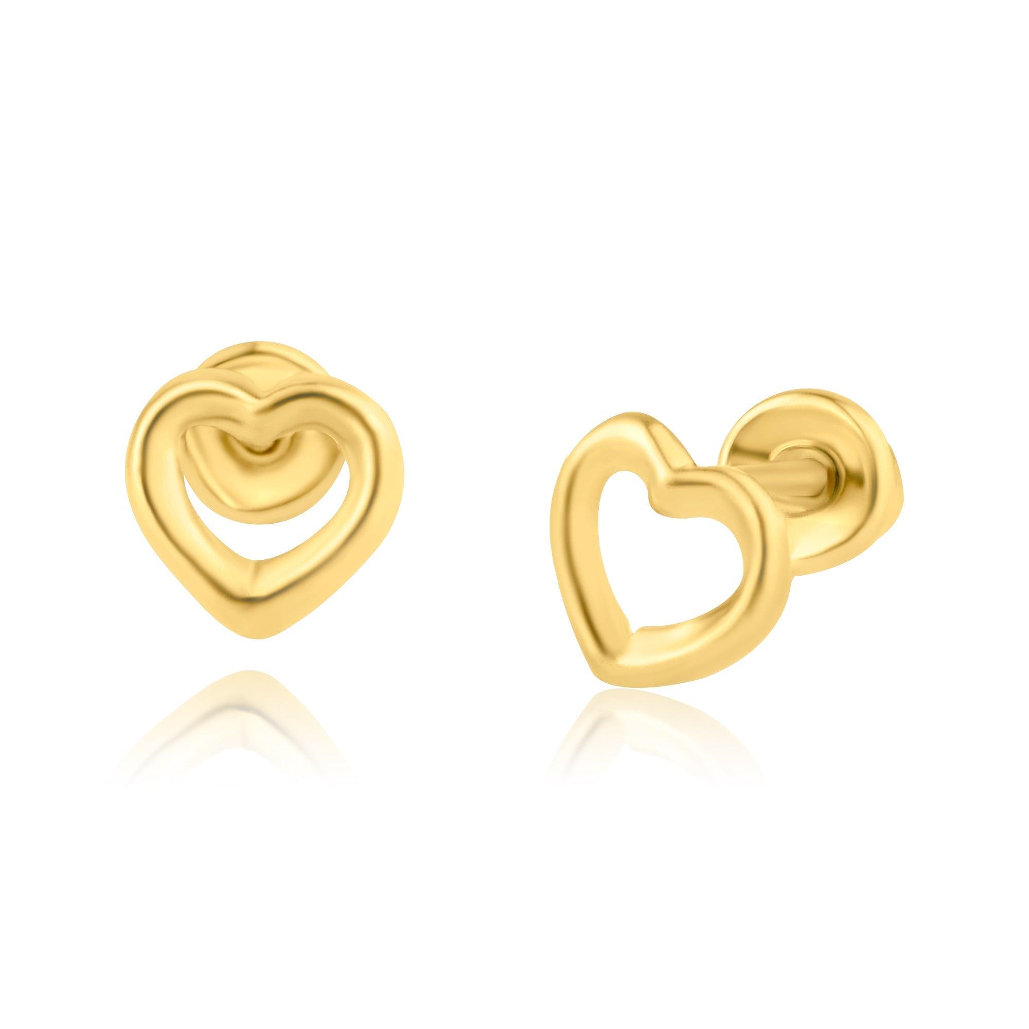 14E00204. - 14 Karat Yellow Gold Open Heart Screw Back Earring