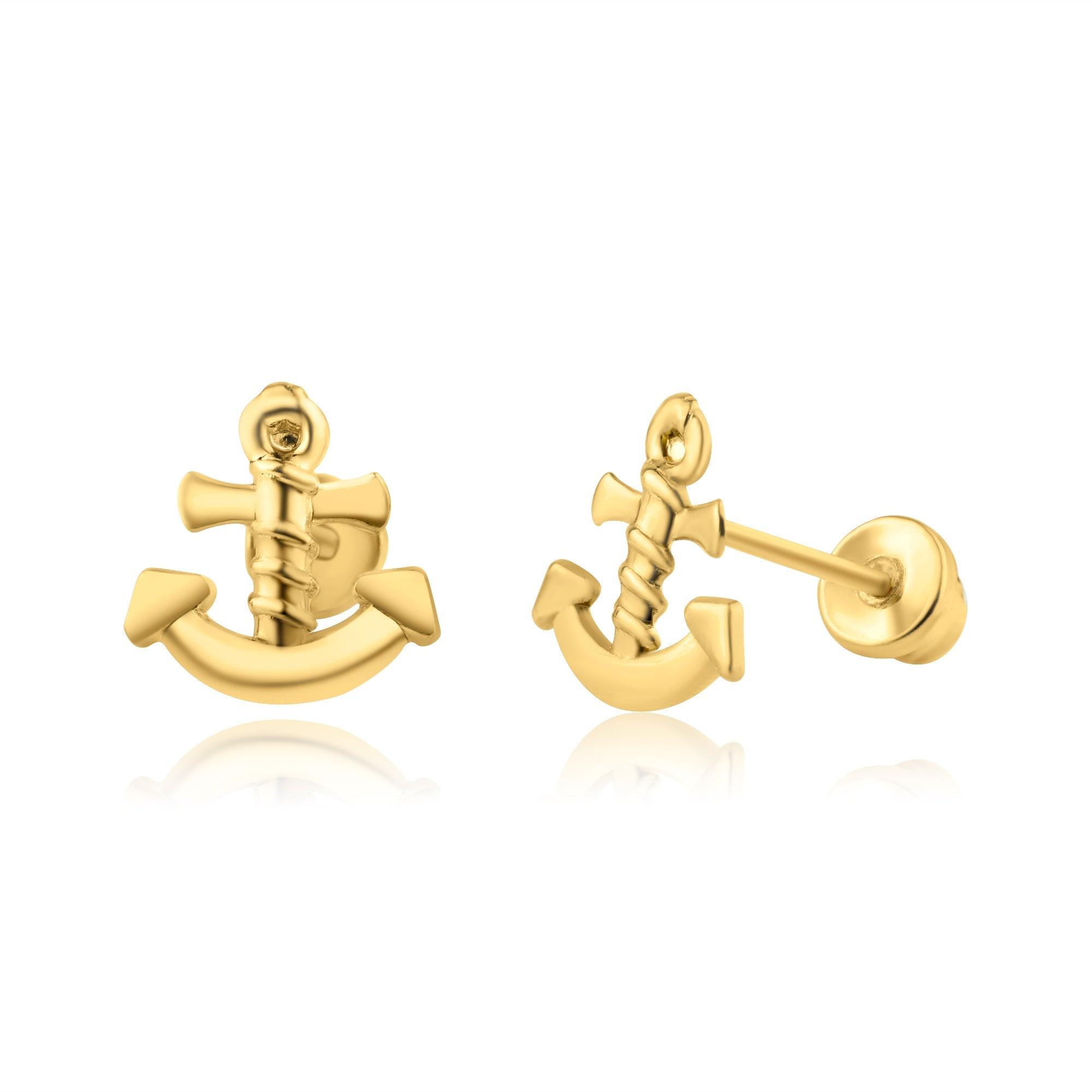 14E00205. - 14 Karat Yellow Gold Cross Anchor Screw Back Earring