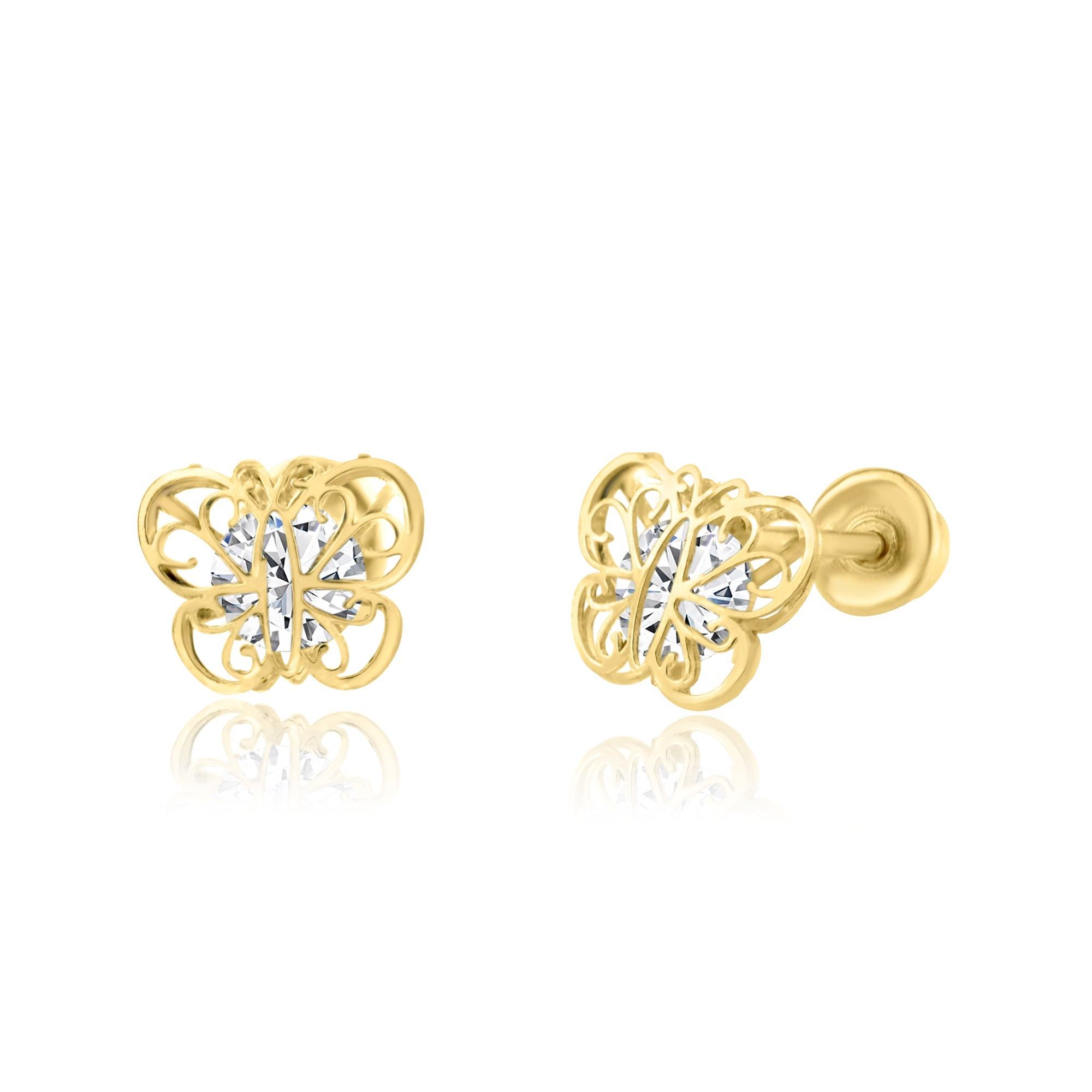 14E00206. - 14 Karat Yellow Gold CZ Butterfly Screw Back Earring