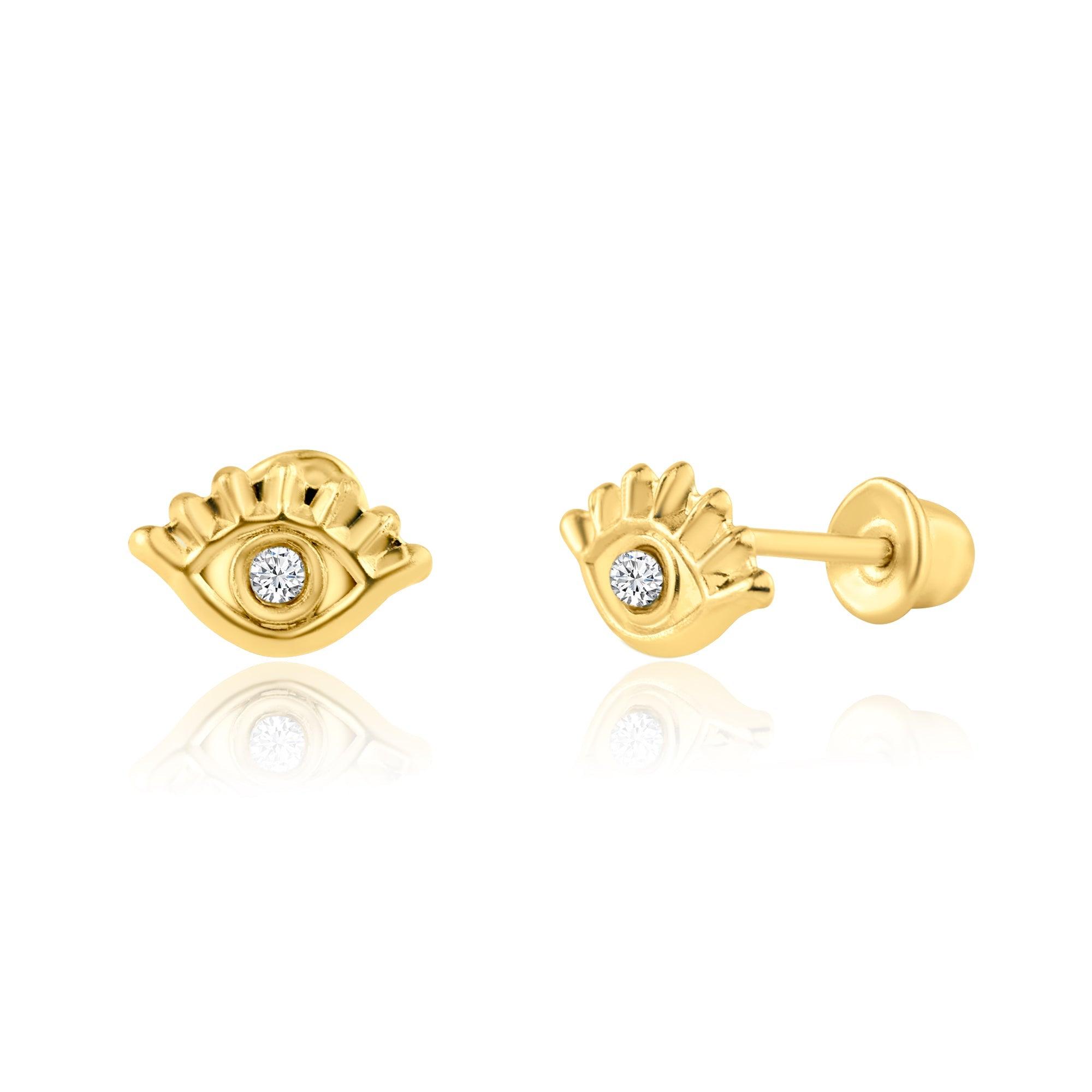 14E00208. - 14 Karat Yellow Gold CZ Eyes Screw Back Earring