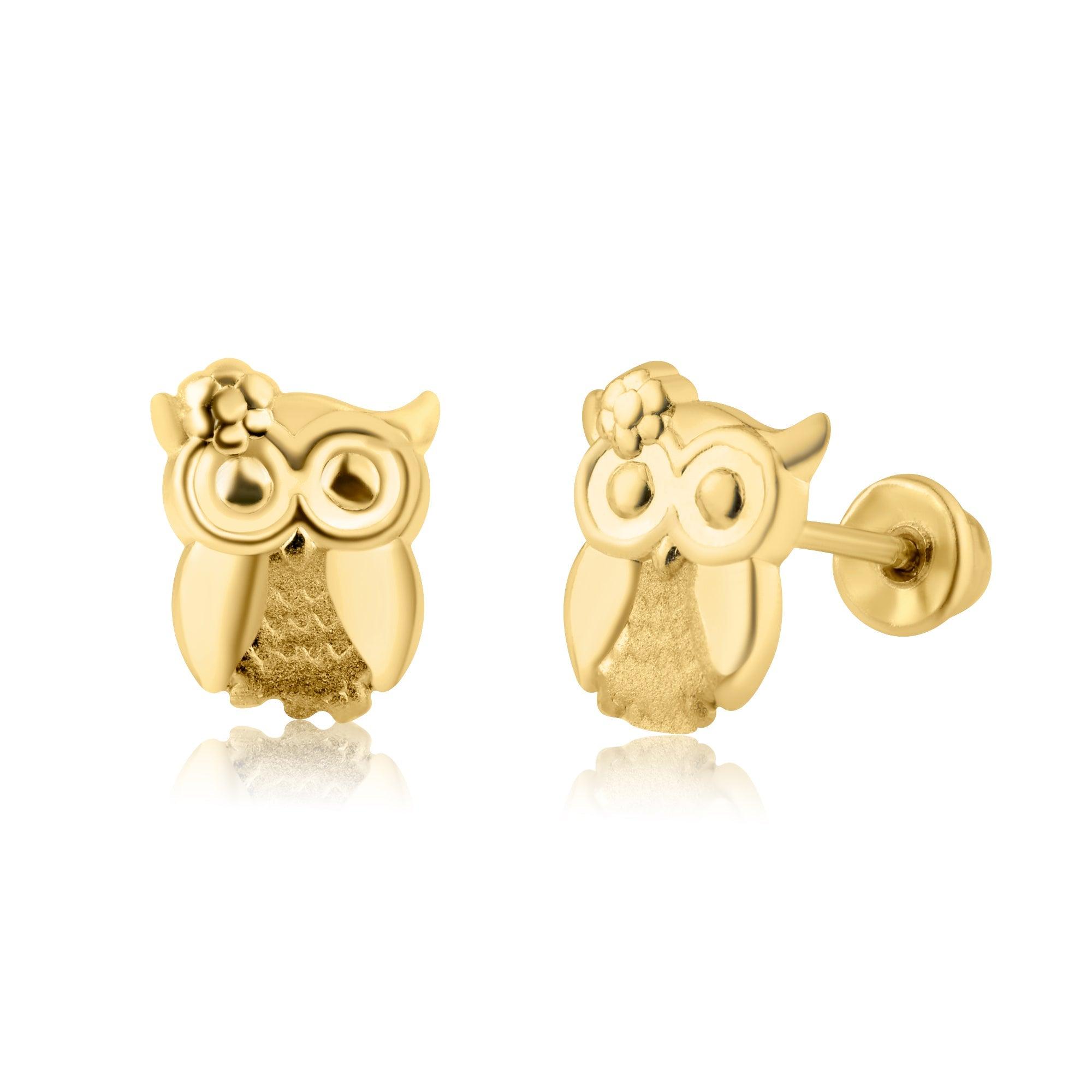 14E00209. - 14 Karat Yellow Gold CZ Owl Screw Back Earring